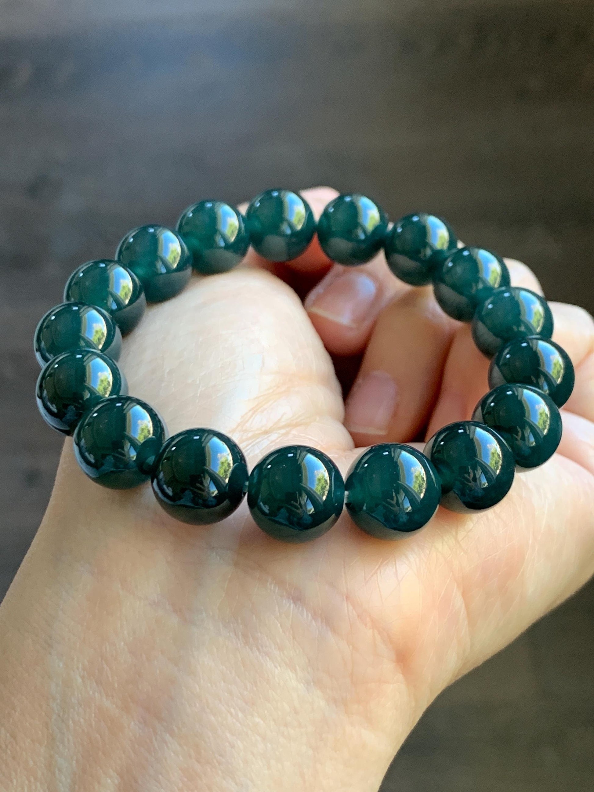 Certified Natural Grade A Guatemalan Icy Translucent Gelatinous Dark Teal Jade Jadeite Beaded Bracelet 11.8mm 7.25” 47.62g 天然老种冰危深蓝翡翠大卡手串733