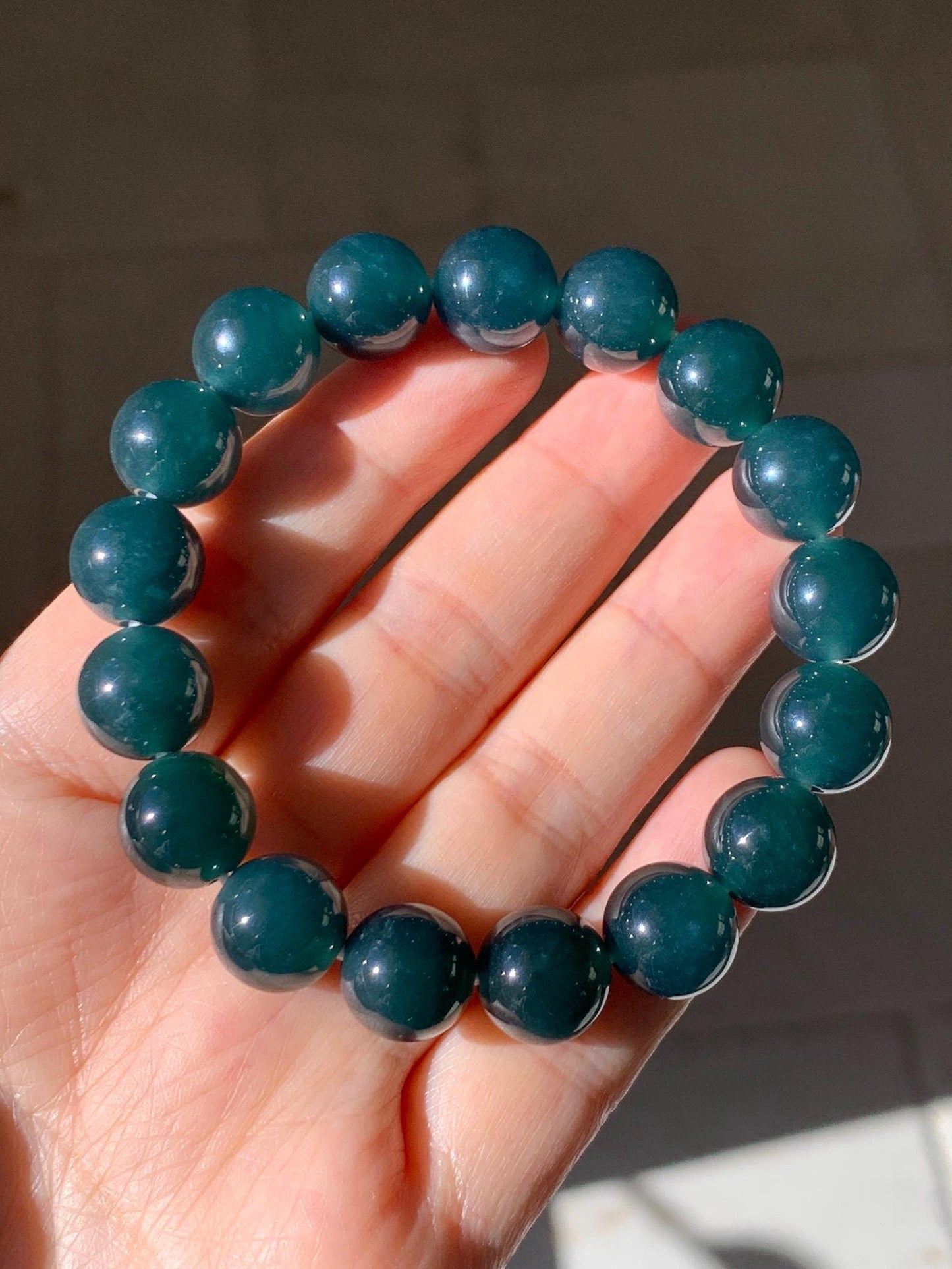 Certified Natural Grade A Guatemalan Icy Translucent Gelatinous Dark Teal Jade Jadeite Beaded Bracelet 11.8mm 7.25” 47.71 天然老种冰危深蓝翡翠大卡手串732