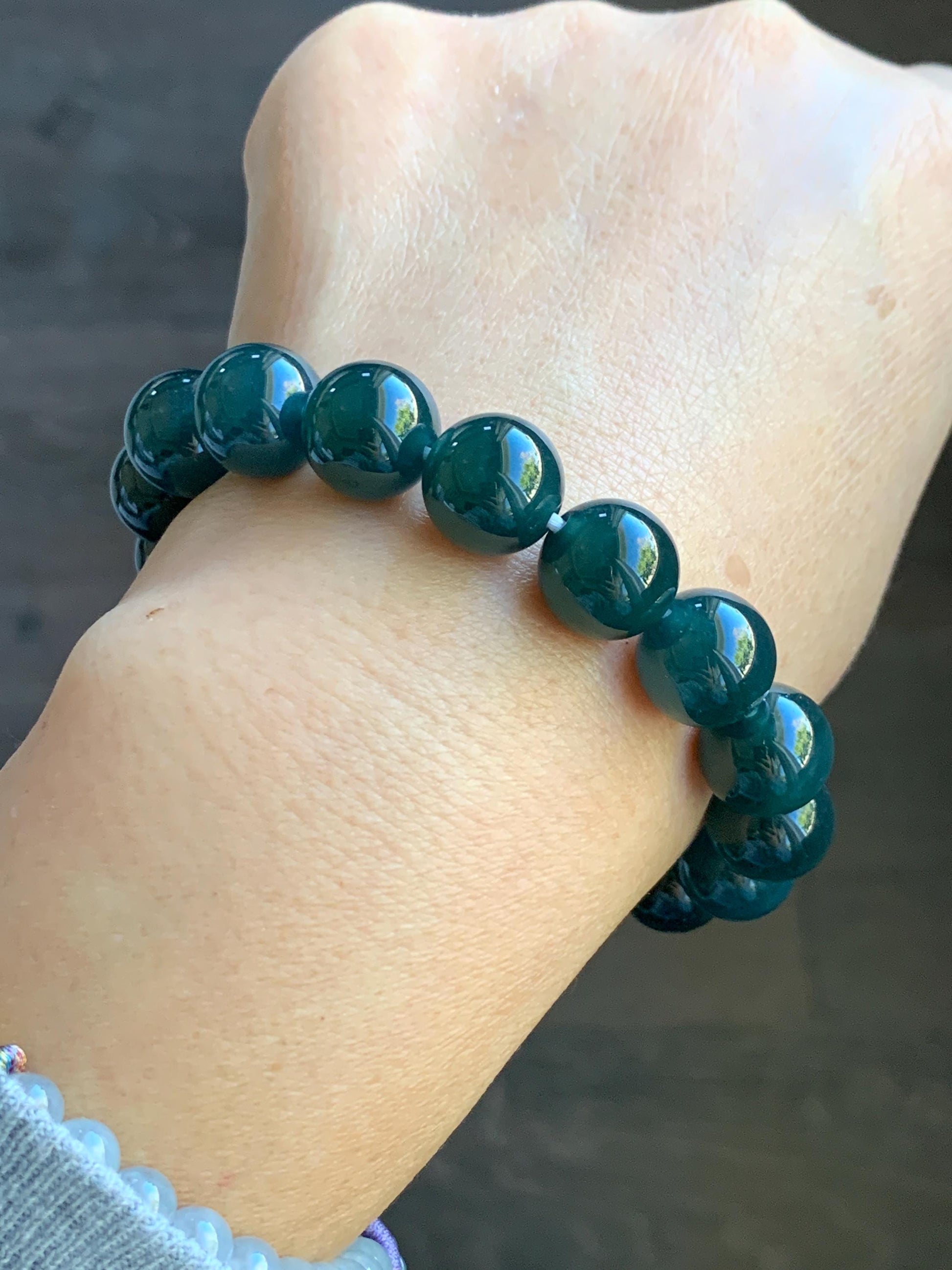 Certified Natural Grade A Guatemalan Icy Translucent Gelatinous Dark Teal Jade Jadeite Beaded Bracelet 11.8mm 7.25” 47.71 天然老种冰危深蓝翡翠大卡手串732