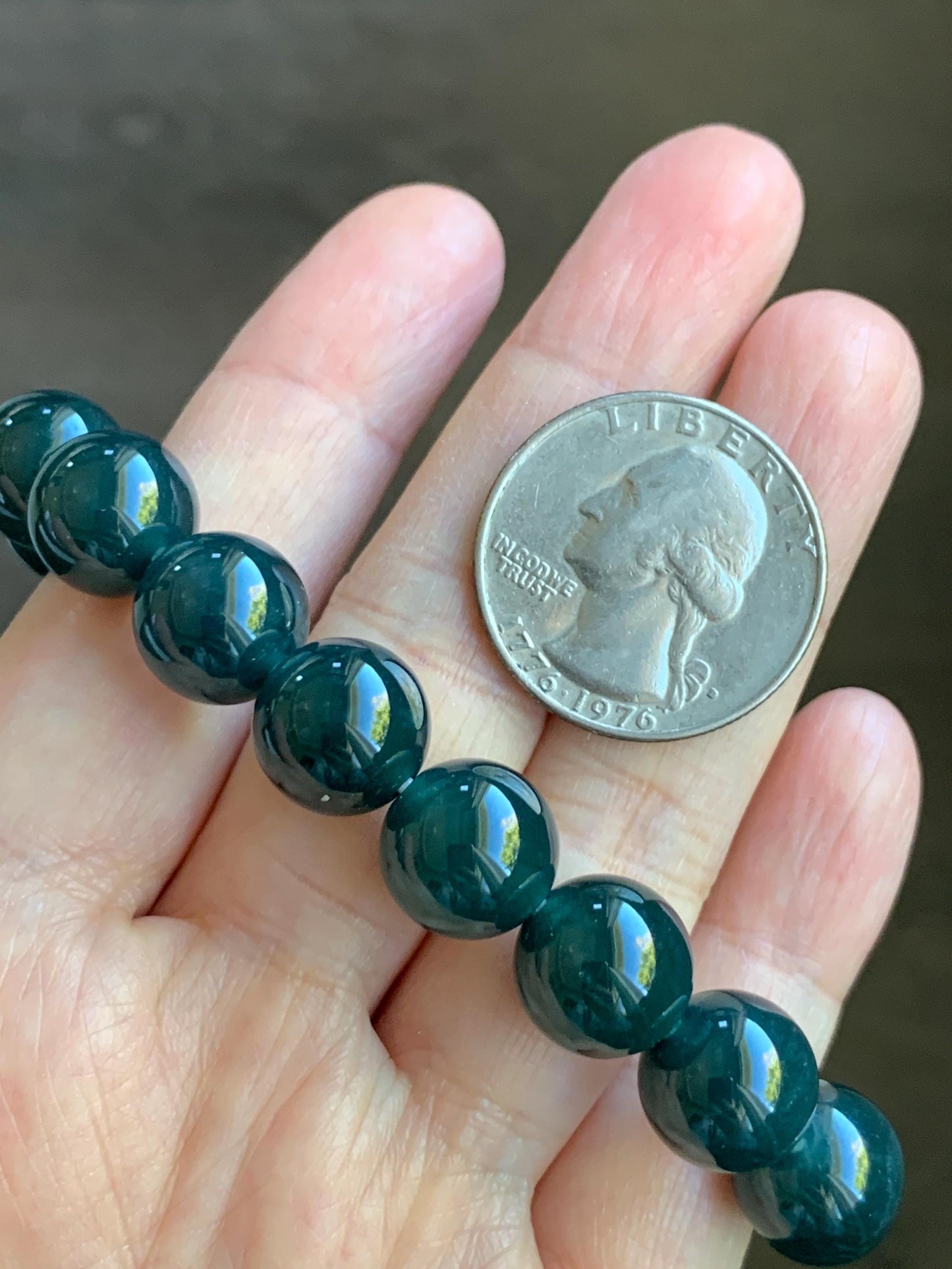 Certified Natural Grade A Guatemalan Icy Translucent Gelatinous Dark Teal Jade Jadeite Beaded Bracelet 11.8mm 7.25” 47.71 天然老种冰危深蓝翡翠大卡手串732