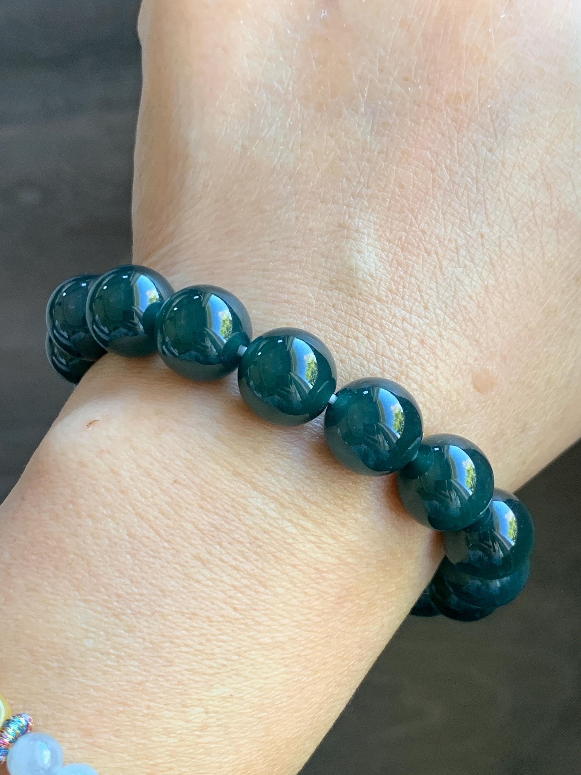 Certified Natural Grade A Guatemalan Icy Translucent Gelatinous Dark Teal Jade Jadeite Beaded Bracelet 11.8mm 7.25” 47.71 天然老种冰危深蓝翡翠大卡手串732