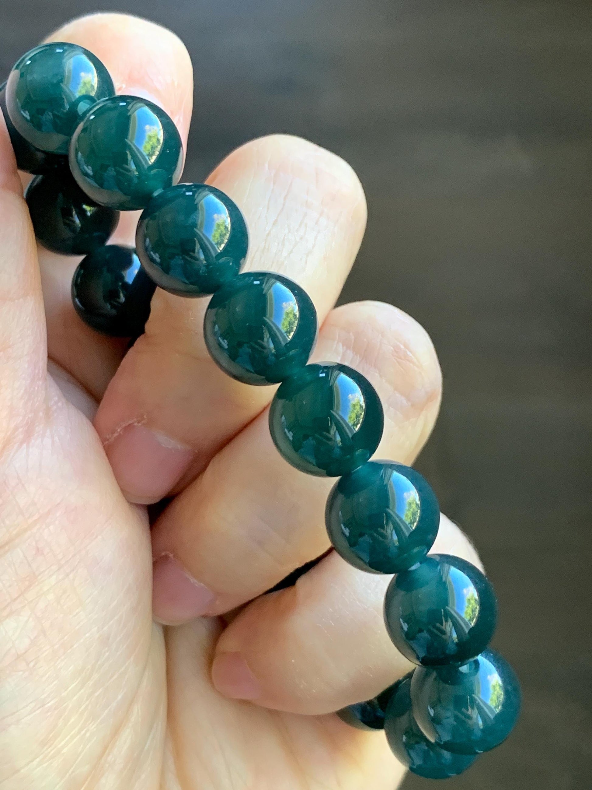 Certified Natural Grade A Guatemalan Icy Translucent Gelatinous Dark Teal Jade Jadeite Beaded Bracelet 11.8mm 7.25” 47.71 天然老种冰危深蓝翡翠大卡手串732