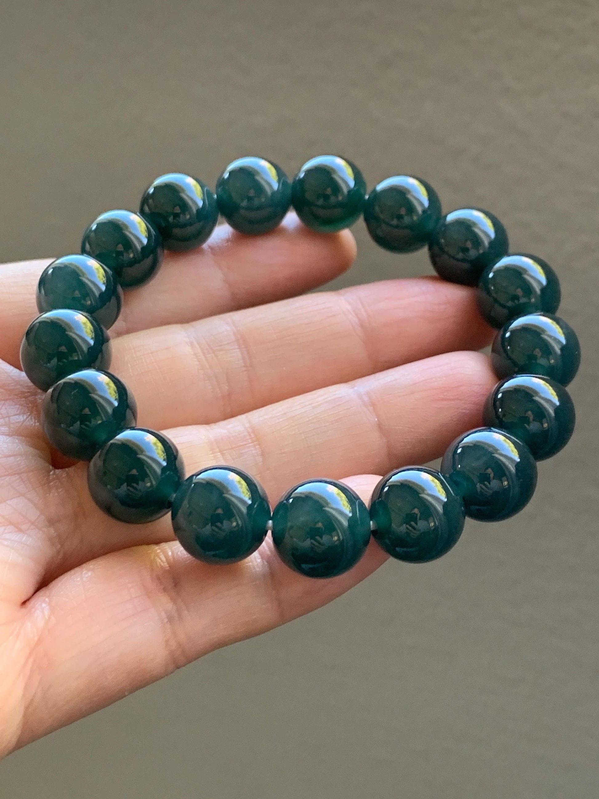 Certified Natural Grade A Guatemalan Icy Translucent Gelatinous Dark Teal Jade Jadeite Beaded Bracelet 11.8mm 7.25” 47.71 天然老种冰危深蓝翡翠大卡手串732