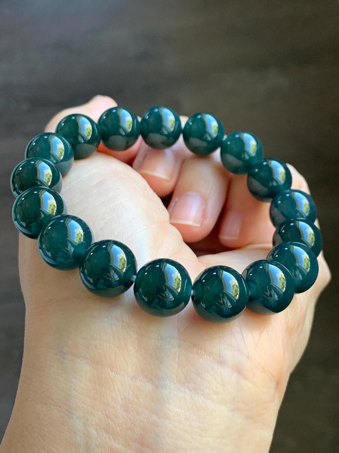 Certified Natural Grade A Guatemalan Icy Translucent Gelatinous Dark Teal Jade Jadeite Beaded Bracelet 11.8mm 7.25” 47.71 天然老种冰危深蓝翡翠大卡手串732