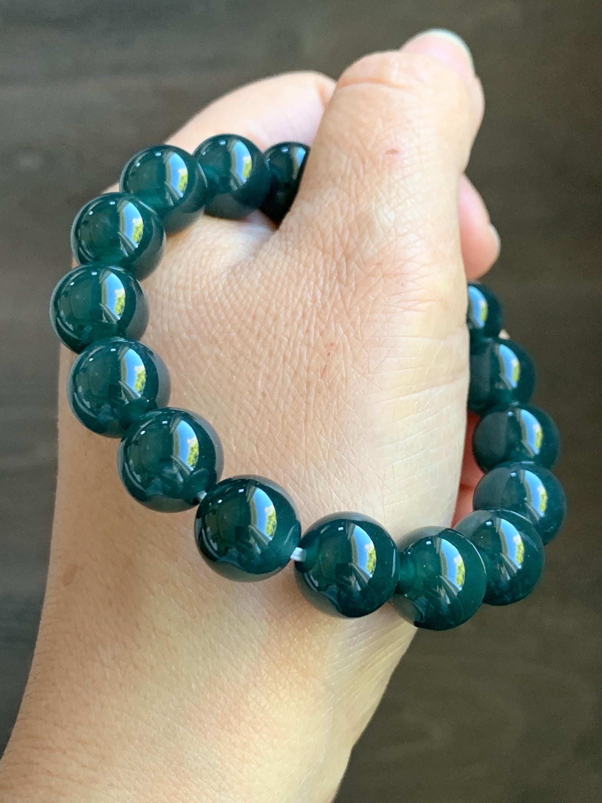 Certified Natural Grade A Guatemalan Icy Translucent Gelatinous Dark Teal Jade Jadeite Beaded Bracelet 11.8mm 7.25” 47.71 天然老种冰危深蓝翡翠大卡手串732