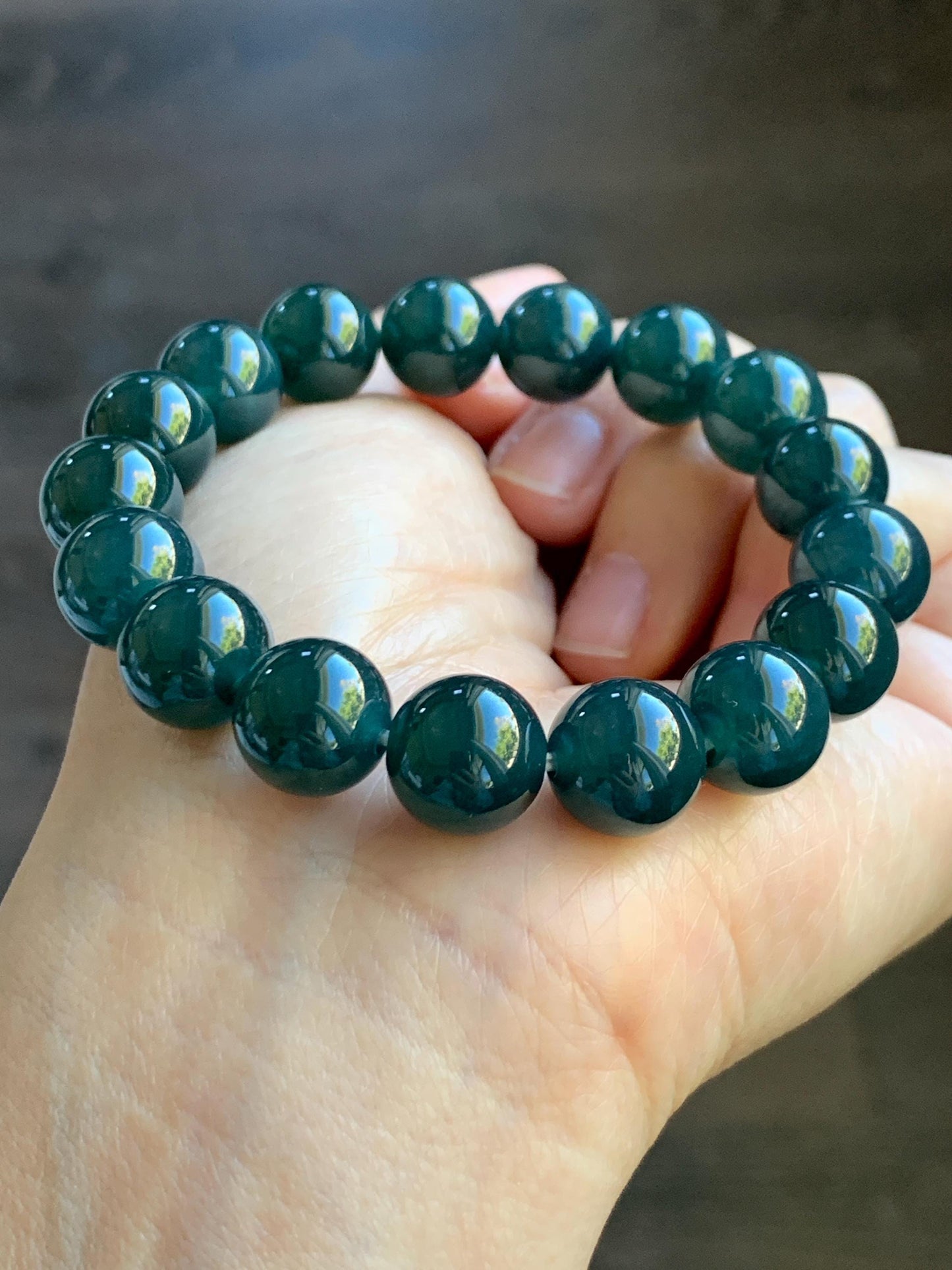 Certified Natural Grade A Guatemalan Icy Translucent Gelatinous Dark Teal Jade Jadeite Beaded Bracelet 11.8mm 7.25” 47.71 天然老种冰危深蓝翡翠大卡手串732