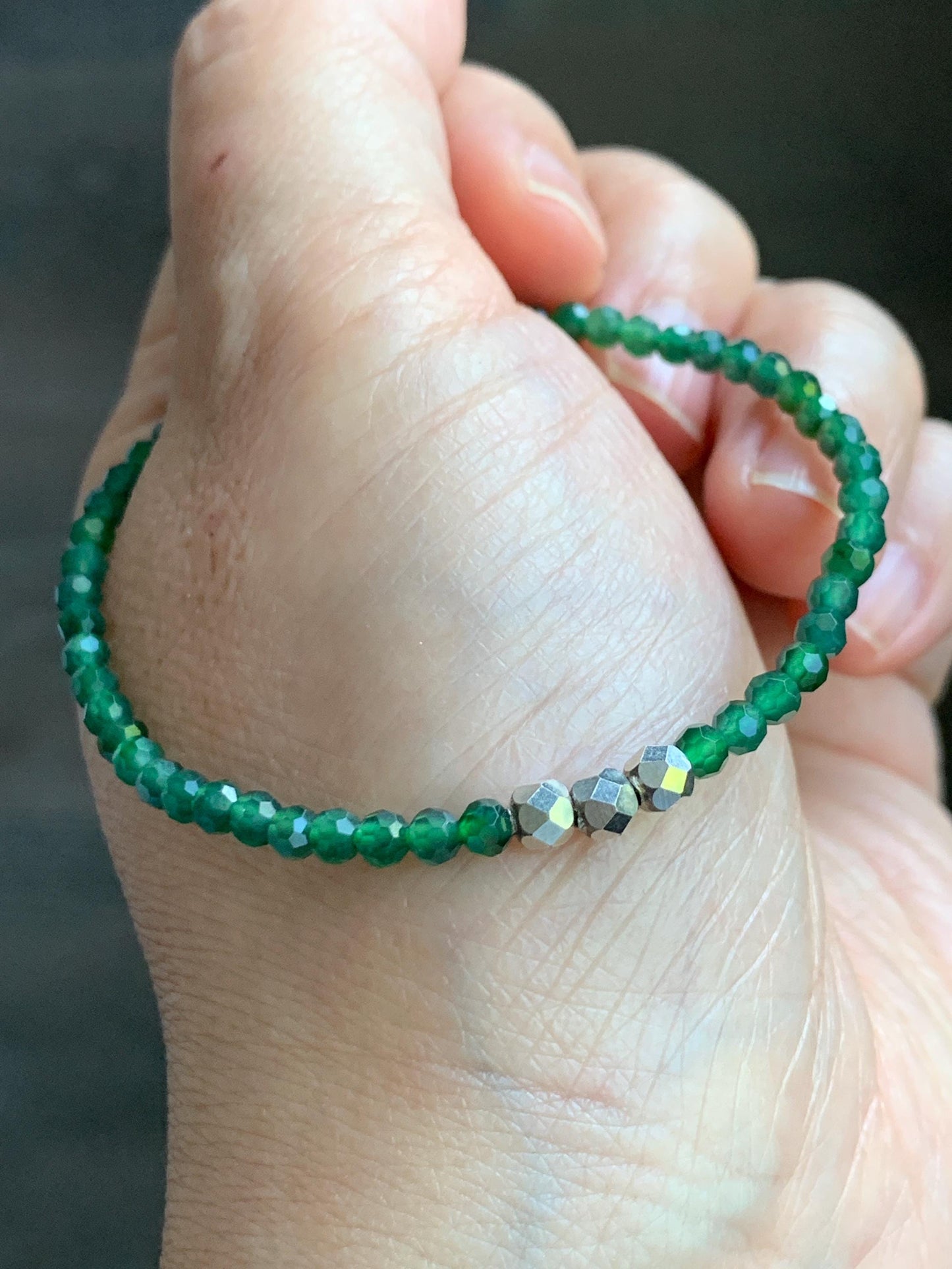 Natural Grade A Guatemalan Icy Translucent Green Jade Jadeite Petite Faceted Beads Beaded Bracelet Sterling Silver 7” 天然冰危绿翡翠小卡切割面珠手串XWQ220A