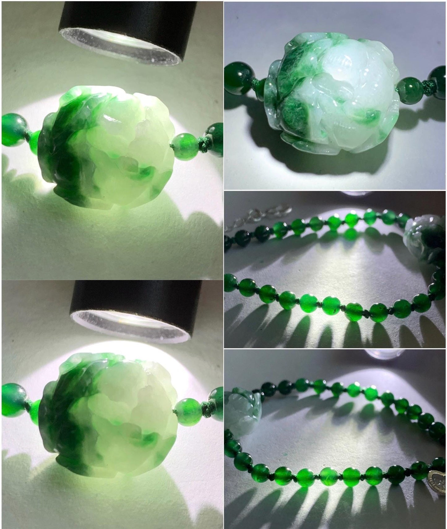Natural Grade A Guatemalan Icy Vibrant Green Jadeite Petite Beads Peony Flower Charm Beaded Bracelet Sterling Silver 6”-7” 天然冰危绿翡翠小珠手串WLM310