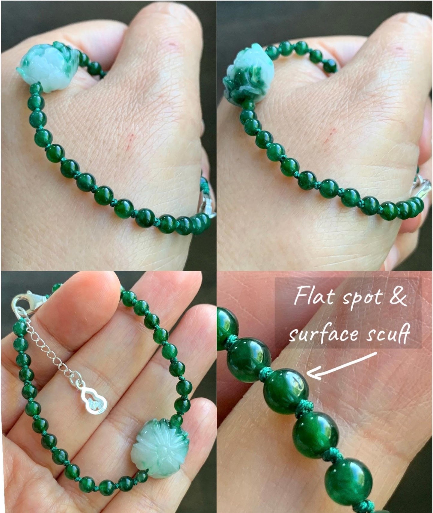 Natural Grade A Guatemalan Icy Vibrant Green Jadeite Petite Beads Peony Flower Charm Beaded Bracelet Sterling Silver 6”-7” 天然冰危绿翡翠小珠手串WLM310