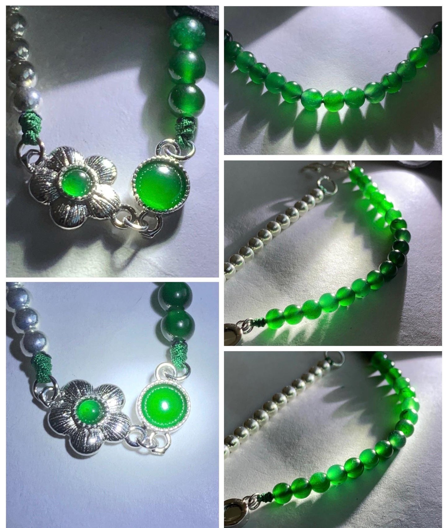 Natural Grade A Guatemalan Icy Vibrant Green Jadeite Petite Beads Cherry Blossom Charm Beaded Bracelet Sterling Silver 7” 天然冰危绿翡翠小珠手串 BSB204