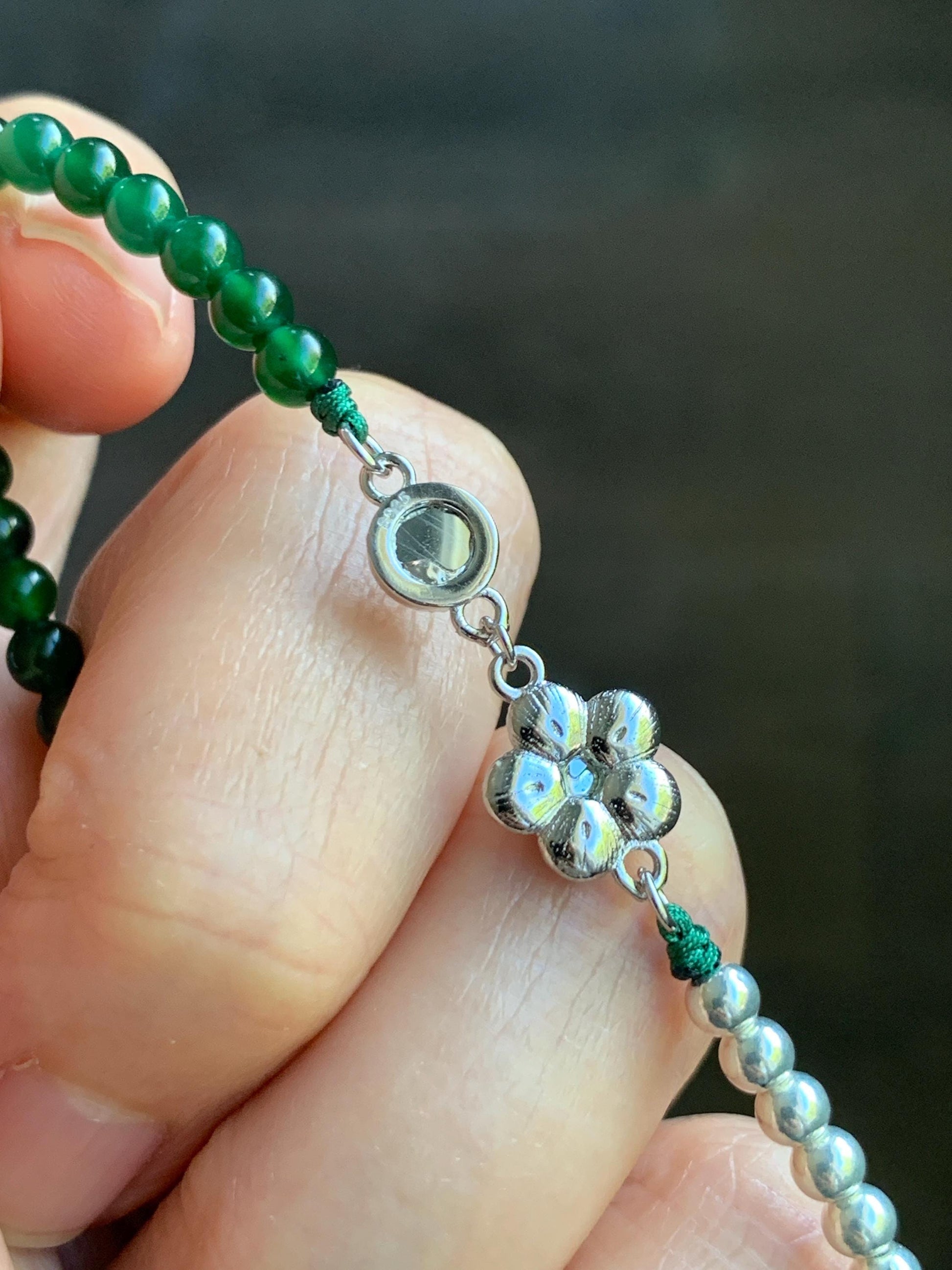 Natural Grade A Guatemalan Icy Vibrant Green Jadeite Petite Beads Cherry Blossom Charm Beaded Bracelet Sterling Silver 7” 天然冰危绿翡翠小珠手串 BSB204