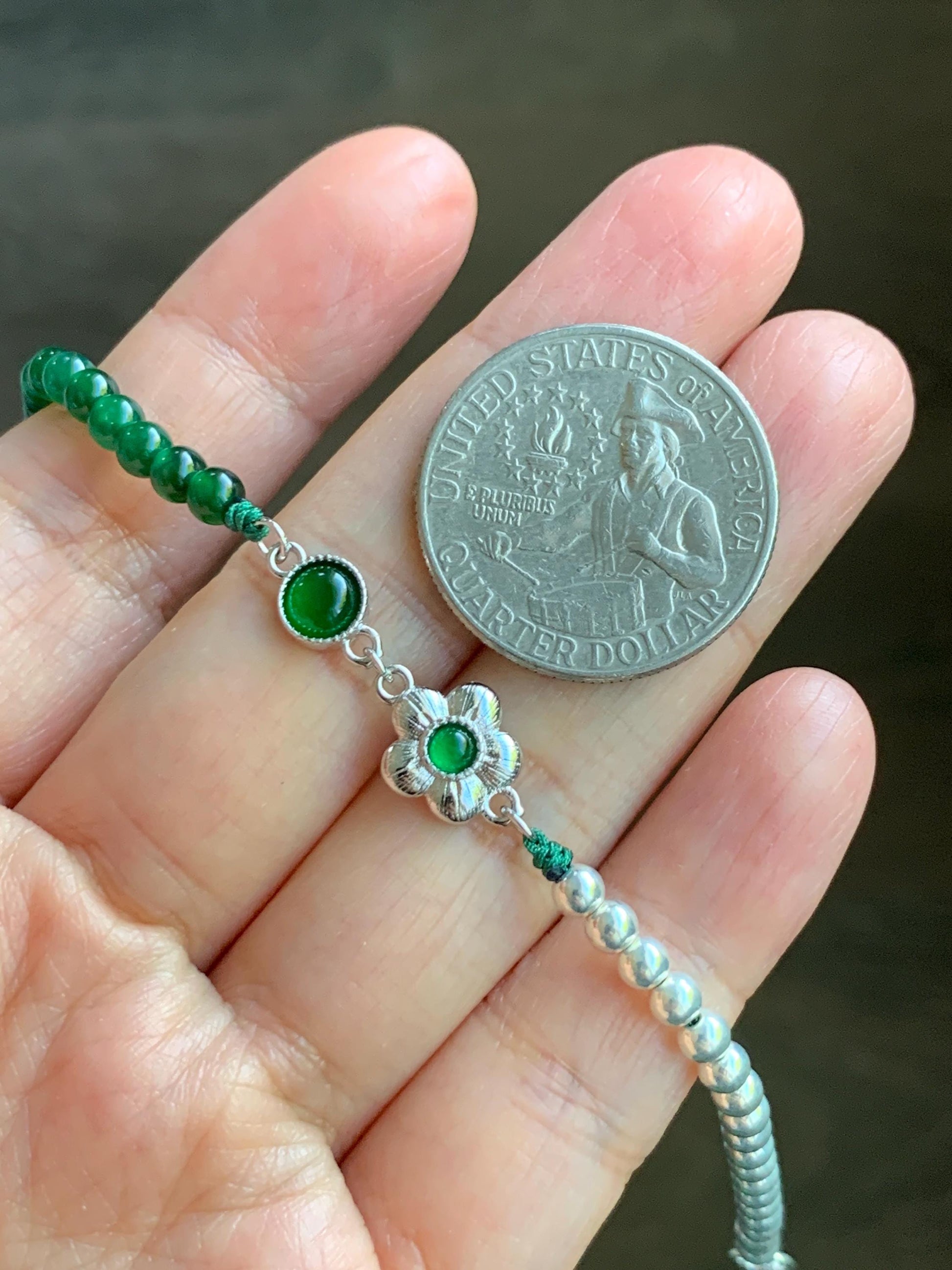 Natural Grade A Guatemalan Icy Vibrant Green Jadeite Petite Beads Cherry Blossom Charm Beaded Bracelet Sterling Silver 7” 天然冰危绿翡翠小珠手串 BSB204