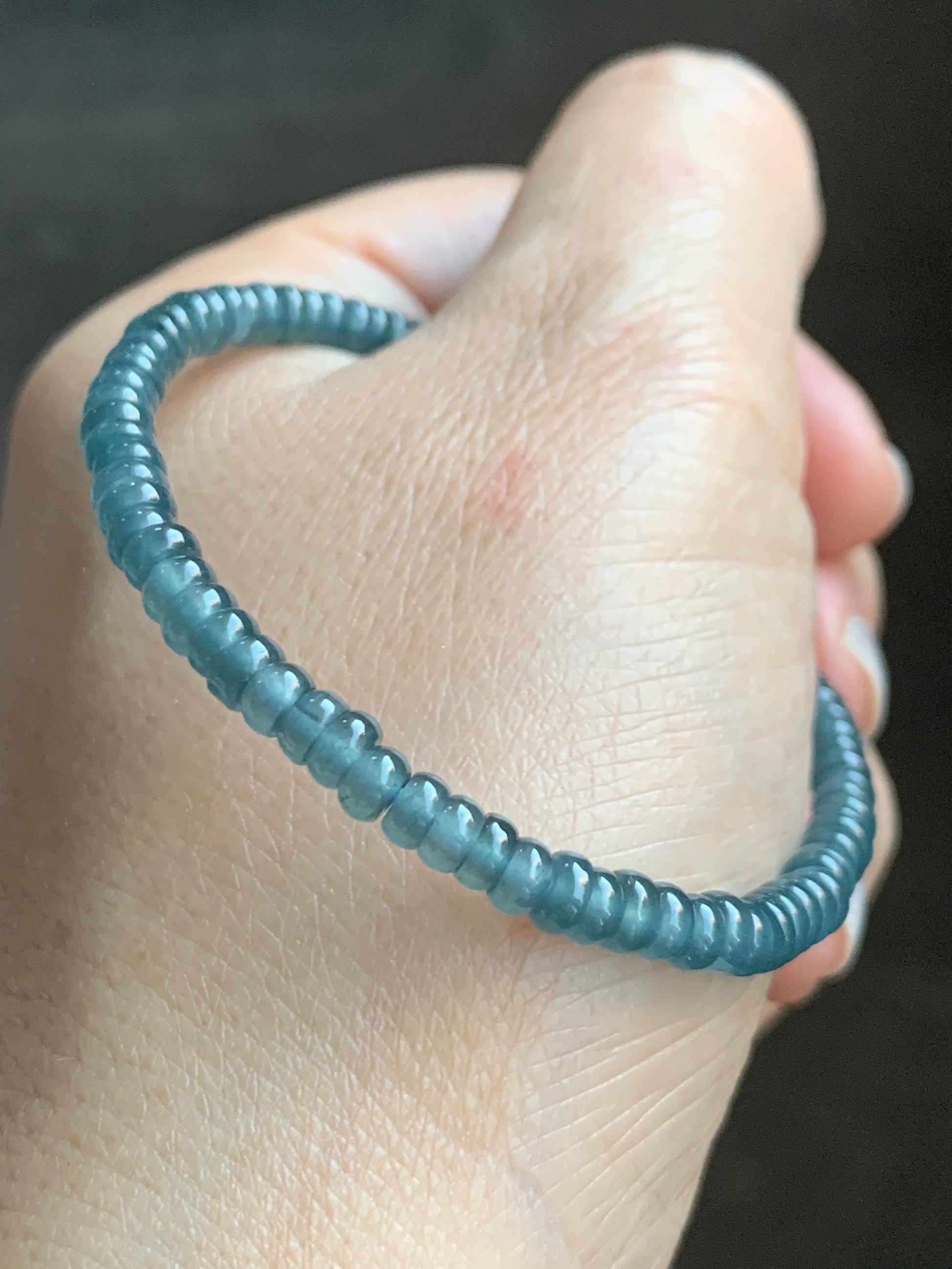 Natural Grade A Guatemalan Icy Highly Translucent Teal Blue Jade Jadeite Petite Flat Beads Beaded Bracelet 6.75” 5g 天然冰危篮翡翠小算盘珠手串 XWS136
