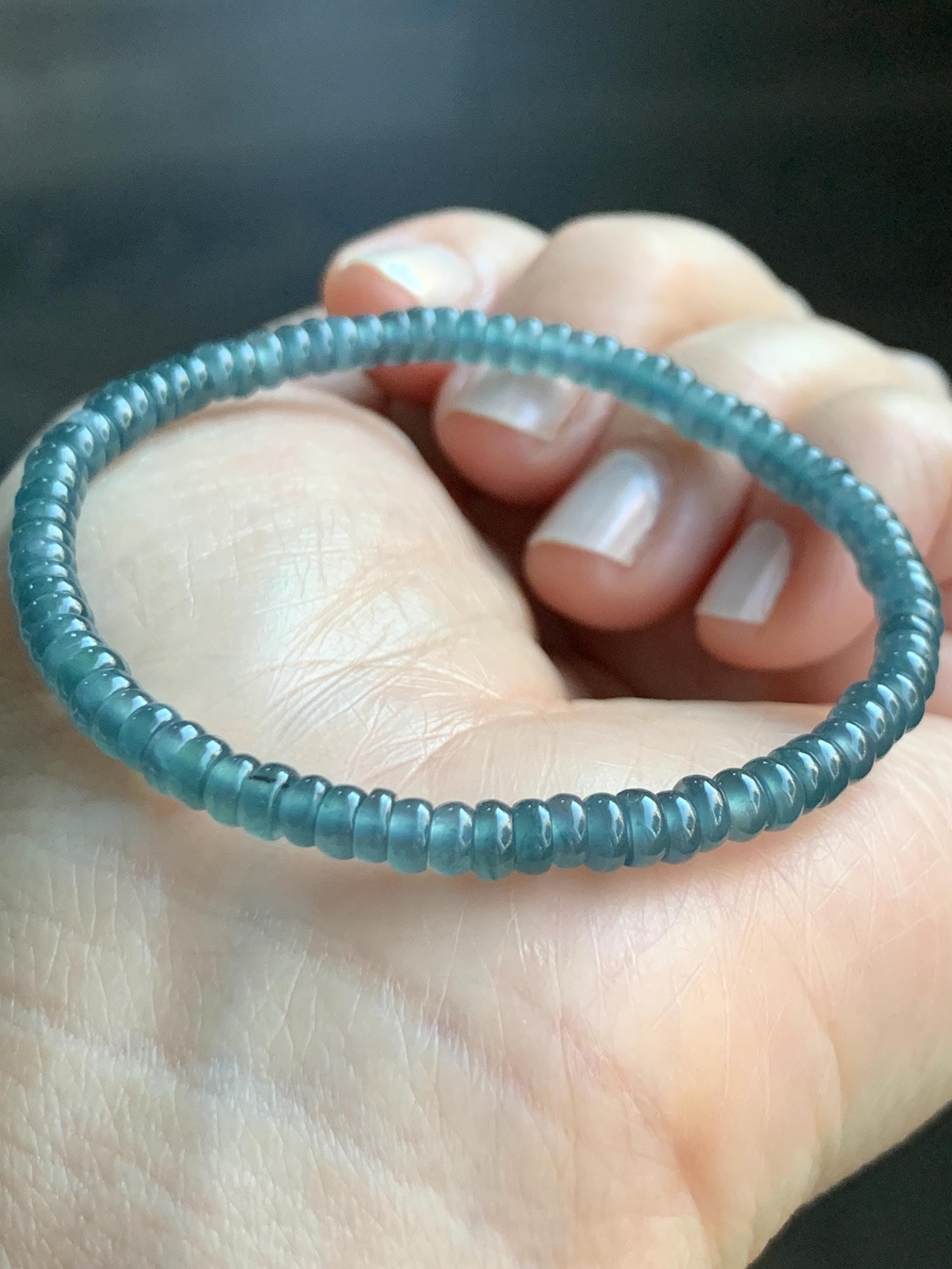 Natural Grade A Guatemalan Icy Highly Translucent Teal Blue Jade Jadeite Petite Flat Beads Beaded Bracelet 6.75” 5g 天然冰危篮翡翠小算盘珠手串 XWS136