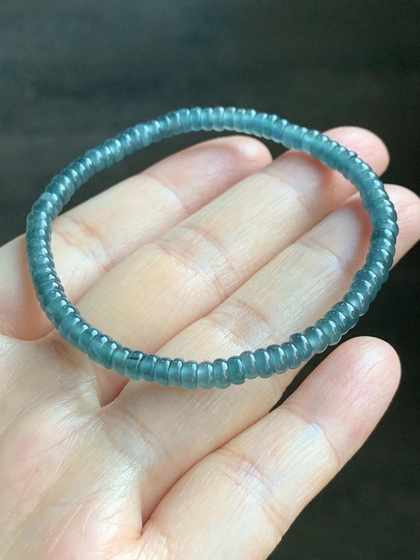 Natural Grade A Guatemalan Icy Highly Translucent Teal Blue Jade Jadeite Petite Flat Beads Beaded Bracelet 6.75” 5g 天然冰危篮翡翠小算盘珠手串 XWS136