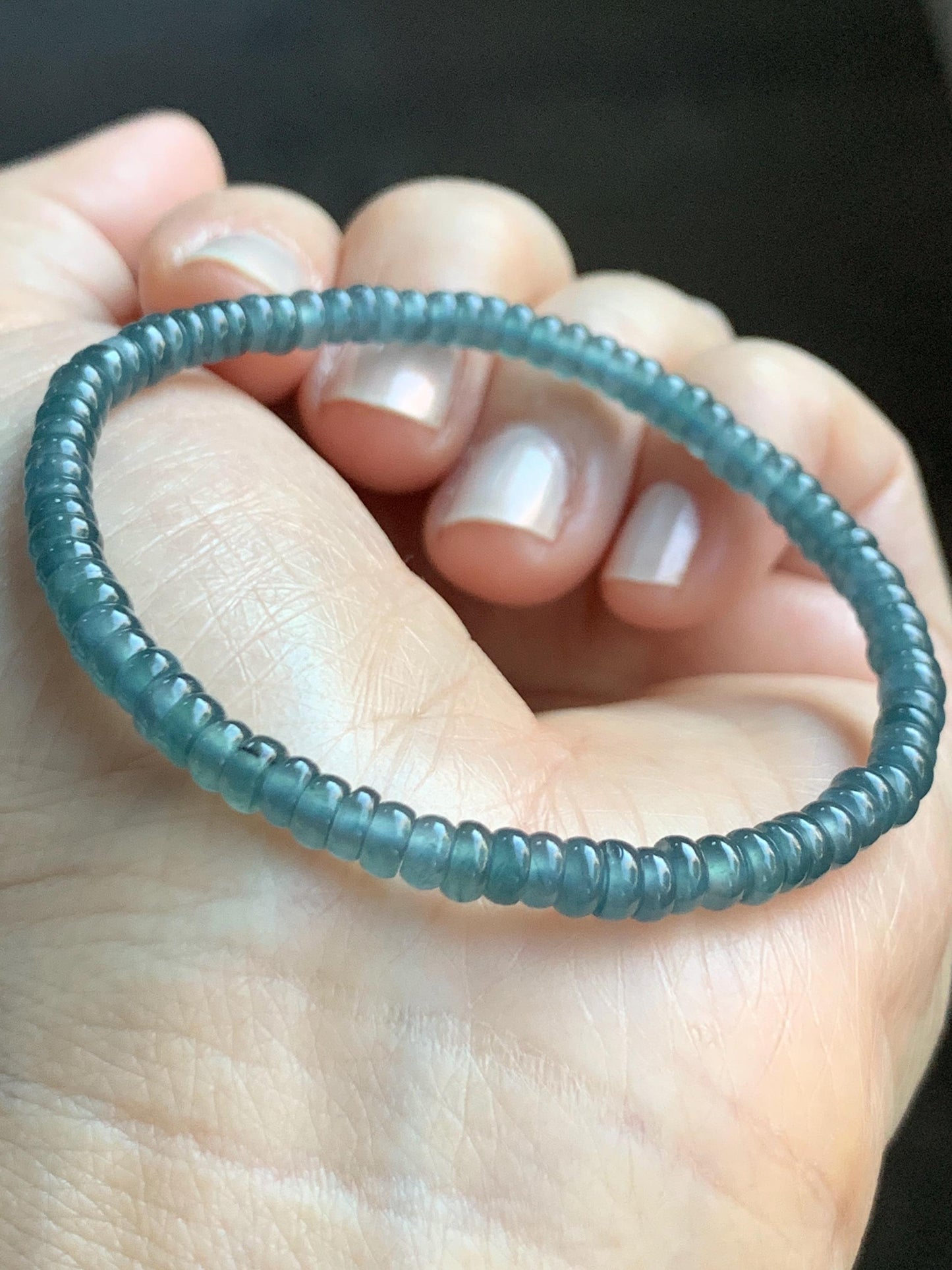Natural Grade A Guatemalan Icy Highly Translucent Teal Blue Jade Jadeite Petite Flat Beads Beaded Bracelet 6.75” 5g 天然冰危篮翡翠小算盘珠手串 XWS136