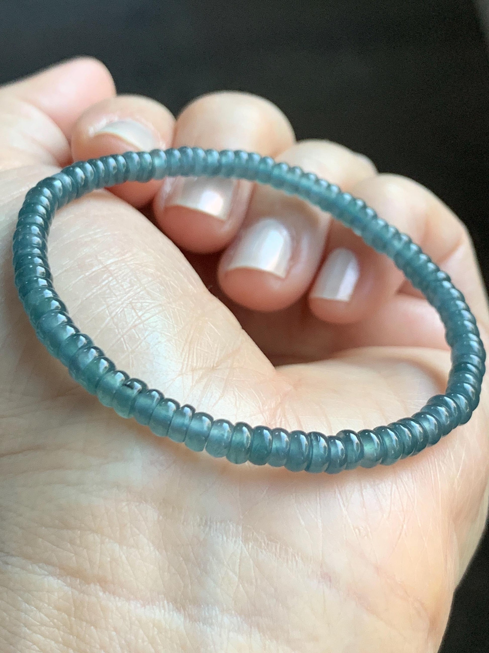 Natural Grade A Guatemalan Icy Highly Translucent Teal Blue Jade Jadeite Petite Flat Beads Beaded Bracelet 6.75” 5g 天然冰危篮翡翠小算盘珠手串 XWS136