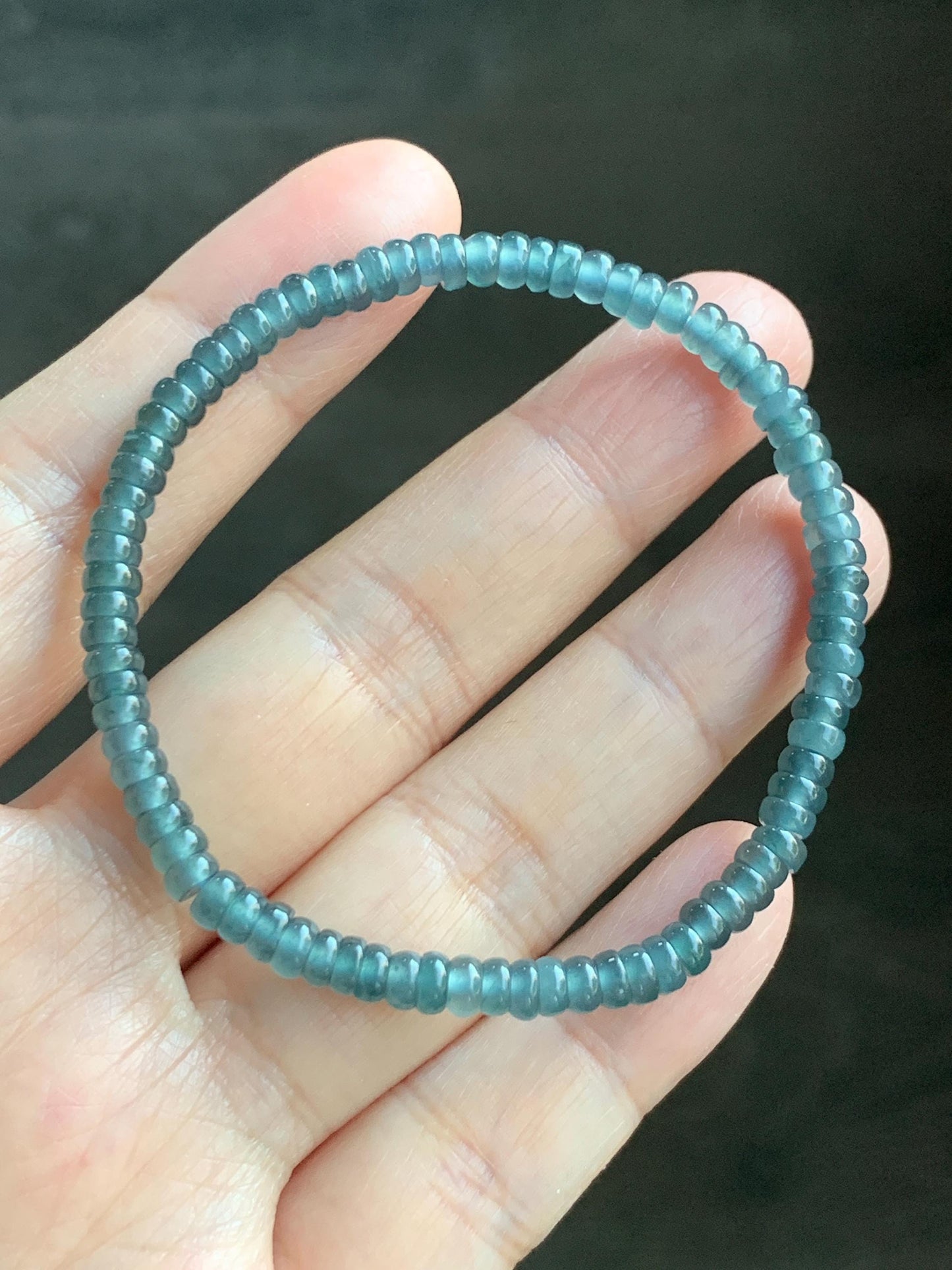 Natural Grade A Guatemalan Icy Highly Translucent Teal Blue Jade Jadeite Petite Flat Beads Beaded Bracelet 6.75” 5g 天然冰危篮翡翠小算盘珠手串 XWS136