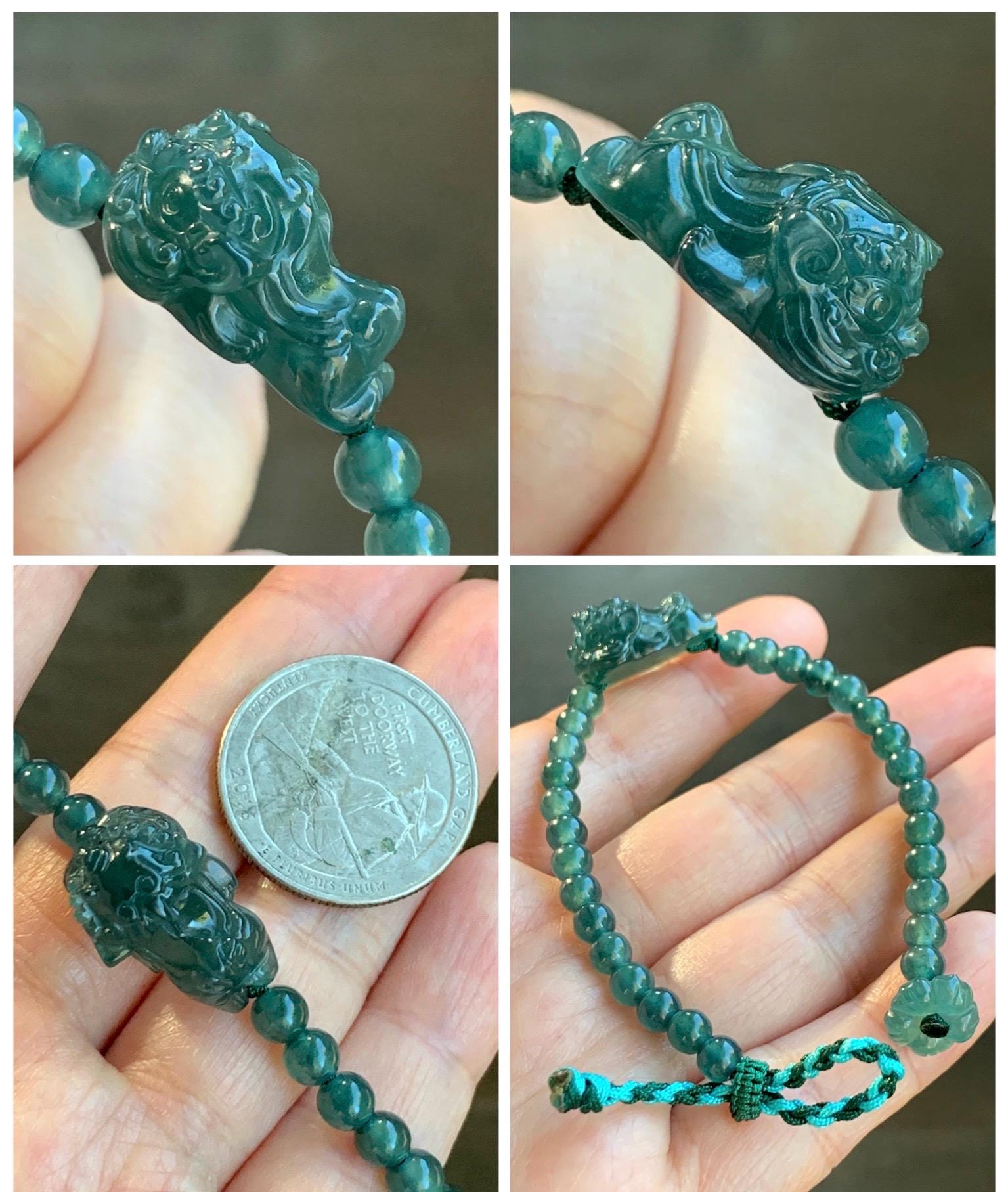 Natural Grade A Guatemalan Icy Translucent Dark Teal Green Jadeite Dancing Lion Beaded Bracelet Adjustable 6.25”-7.5” 天然冰危蓝绿翡翠摆烂小醒狮手串 BLS