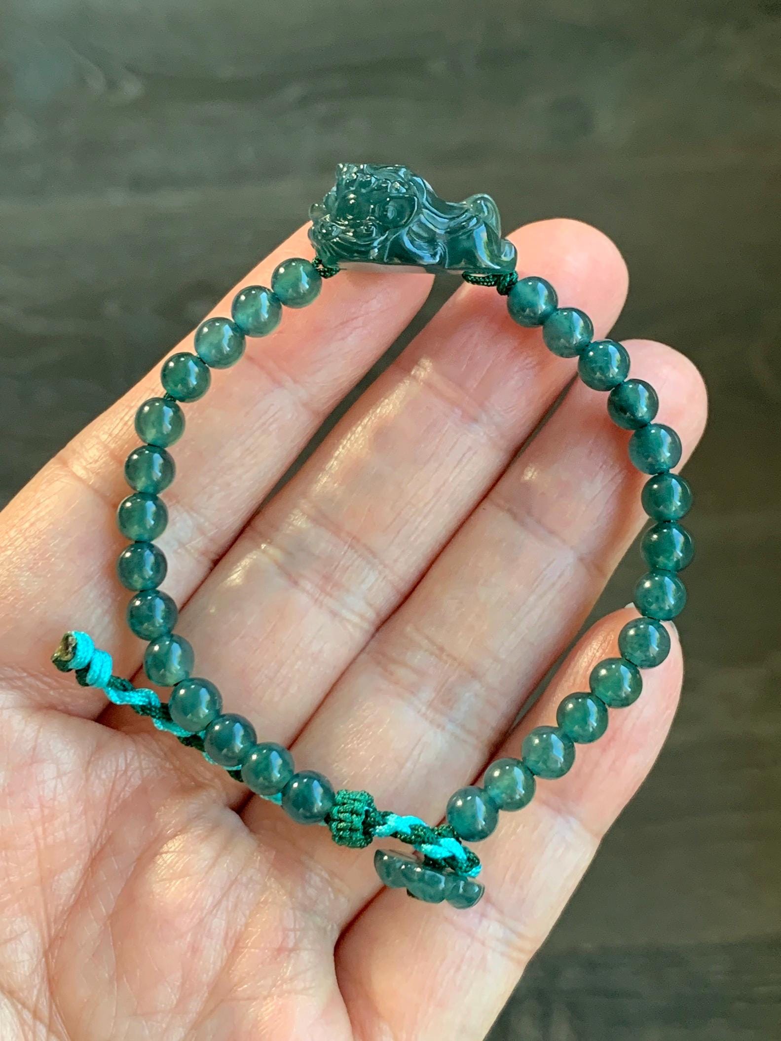 Natural Grade A Guatemalan Icy Translucent Dark Teal Green Jadeite Dancing Lion Beaded Bracelet Adjustable 6.25”-7.5” 天然冰危蓝绿翡翠摆烂小醒狮手串 BLS