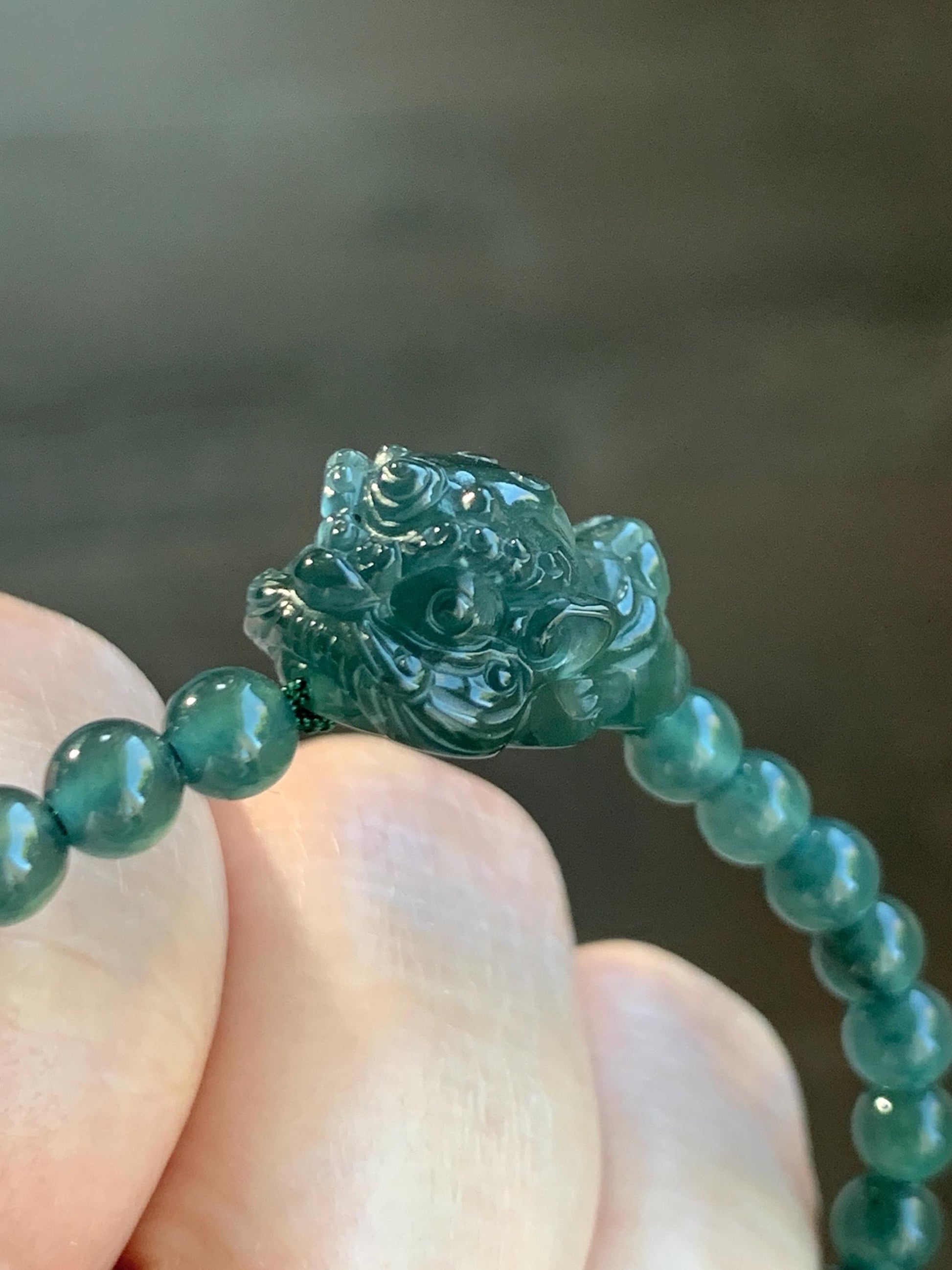 Natural Grade A Guatemalan Icy Translucent Dark Teal Green Jadeite Dancing Lion Beaded Bracelet Adjustable 6.25”-7.5” 天然冰危蓝绿翡翠摆烂小醒狮手串 BLS