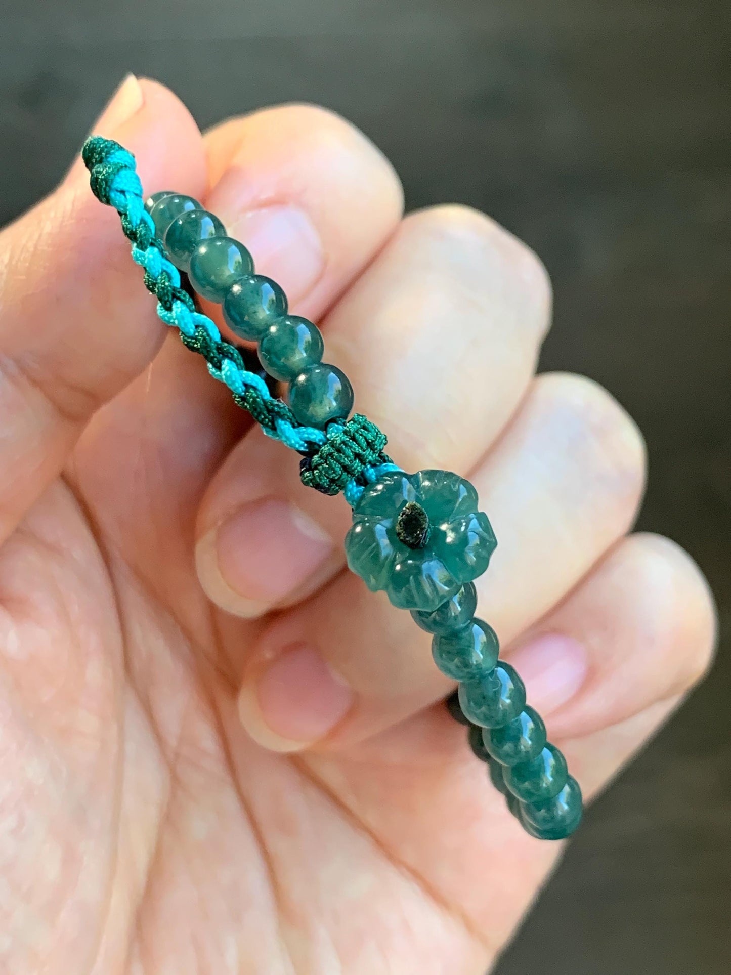 Natural Grade A Guatemalan Icy Translucent Dark Teal Green Jadeite Dancing Lion Beaded Bracelet Adjustable 6.25”-7.5” 天然冰危蓝绿翡翠摆烂小醒狮手串 BLS
