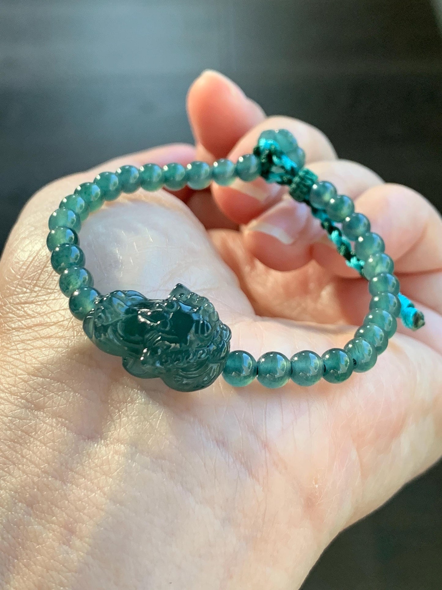 Natural Grade A Guatemalan Icy Translucent Dark Teal Green Jadeite Dancing Lion Beaded Bracelet Adjustable 6.25”-7.5” 天然冰危蓝绿翡翠摆烂小醒狮手串 BLS