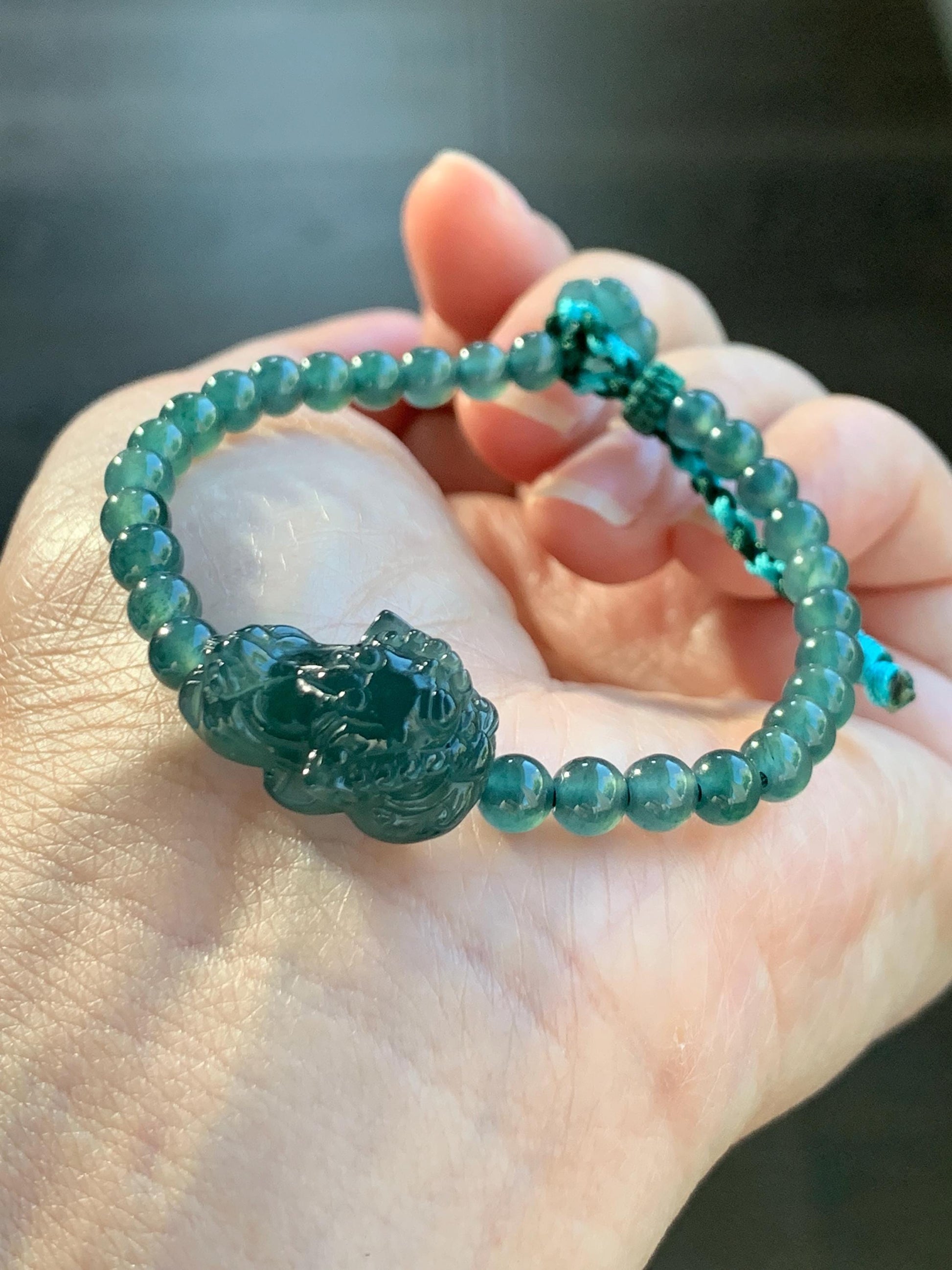 Natural Grade A Guatemalan Icy Translucent Dark Teal Green Jadeite Dancing Lion Beaded Bracelet Adjustable 6.25”-7.5” 天然冰危蓝绿翡翠摆烂小醒狮手串 BLS