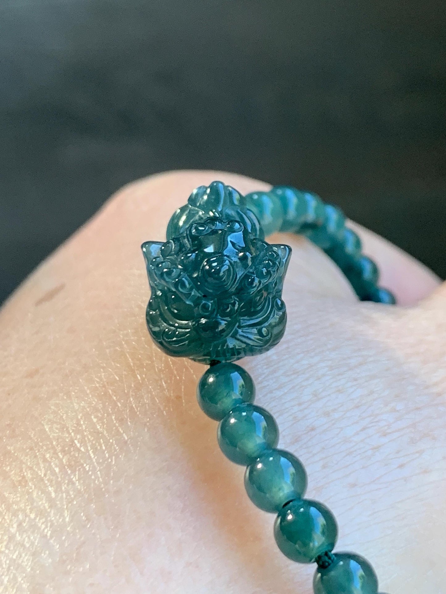 Natural Grade A Guatemalan Icy Translucent Dark Teal Green Jadeite Dancing Lion Beaded Bracelet Adjustable 6.25”-7.5” 天然冰危蓝绿翡翠摆烂小醒狮手串 BLS