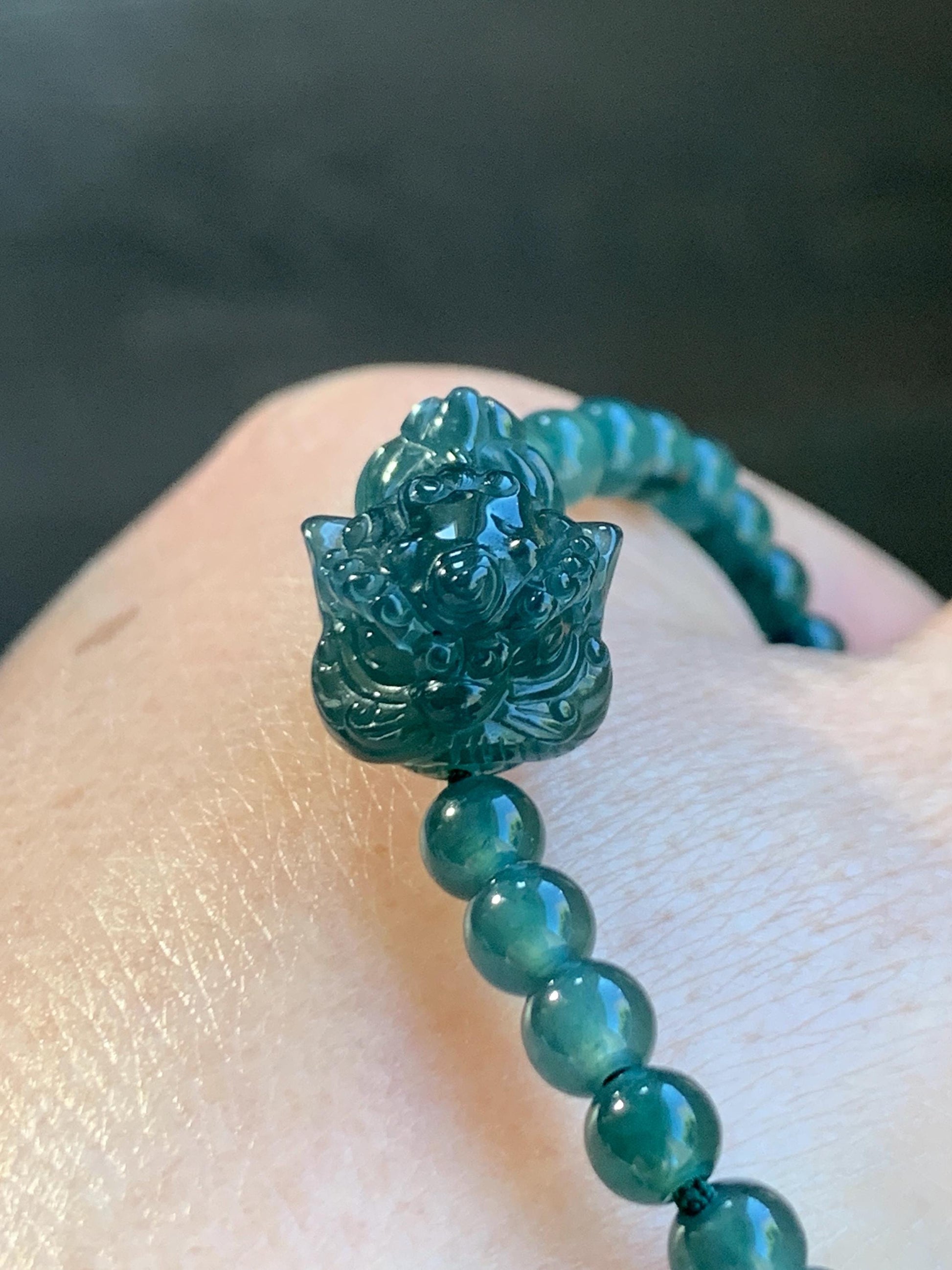 Natural Grade A Guatemalan Icy Translucent Dark Teal Green Jadeite Dancing Lion Beaded Bracelet Adjustable 6.25”-7.5” 天然冰危蓝绿翡翠摆烂小醒狮手串 BLS