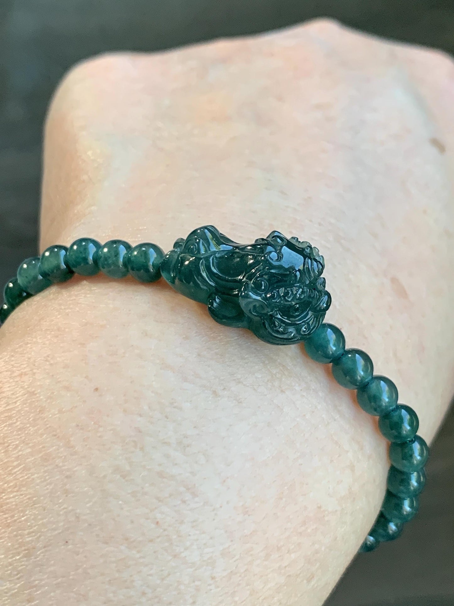 Natural Grade A Guatemalan Icy Translucent Dark Teal Green Jadeite Dancing Lion Beaded Bracelet Adjustable 6.25”-7.5” 天然冰危蓝绿翡翠摆烂小醒狮手串 BLS