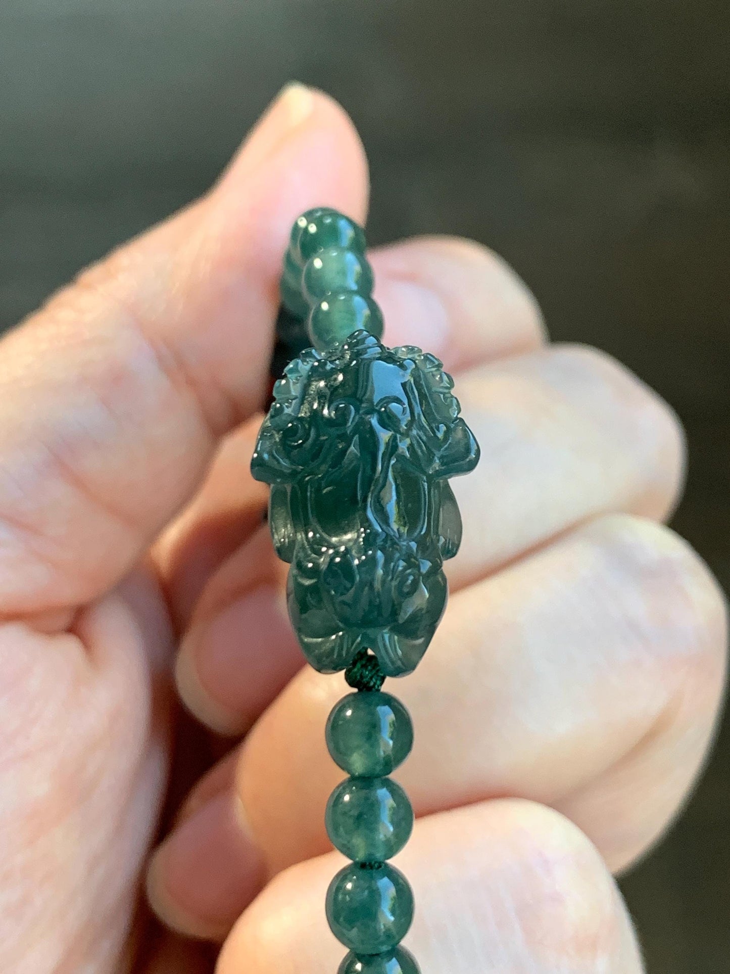 Natural Grade A Guatemalan Icy Translucent Dark Teal Green Jadeite Dancing Lion Beaded Bracelet Adjustable 6.25”-7.5” 天然冰危蓝绿翡翠摆烂小醒狮手串 BLS