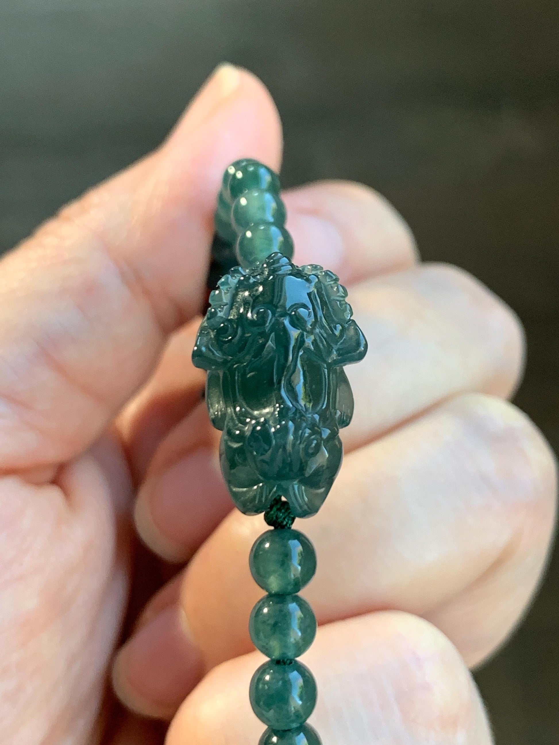 Natural Grade A Guatemalan Icy Translucent Dark Teal Green Jadeite Dancing Lion Beaded Bracelet Adjustable 6.25”-7.5” 天然冰危蓝绿翡翠摆烂小醒狮手串 BLS