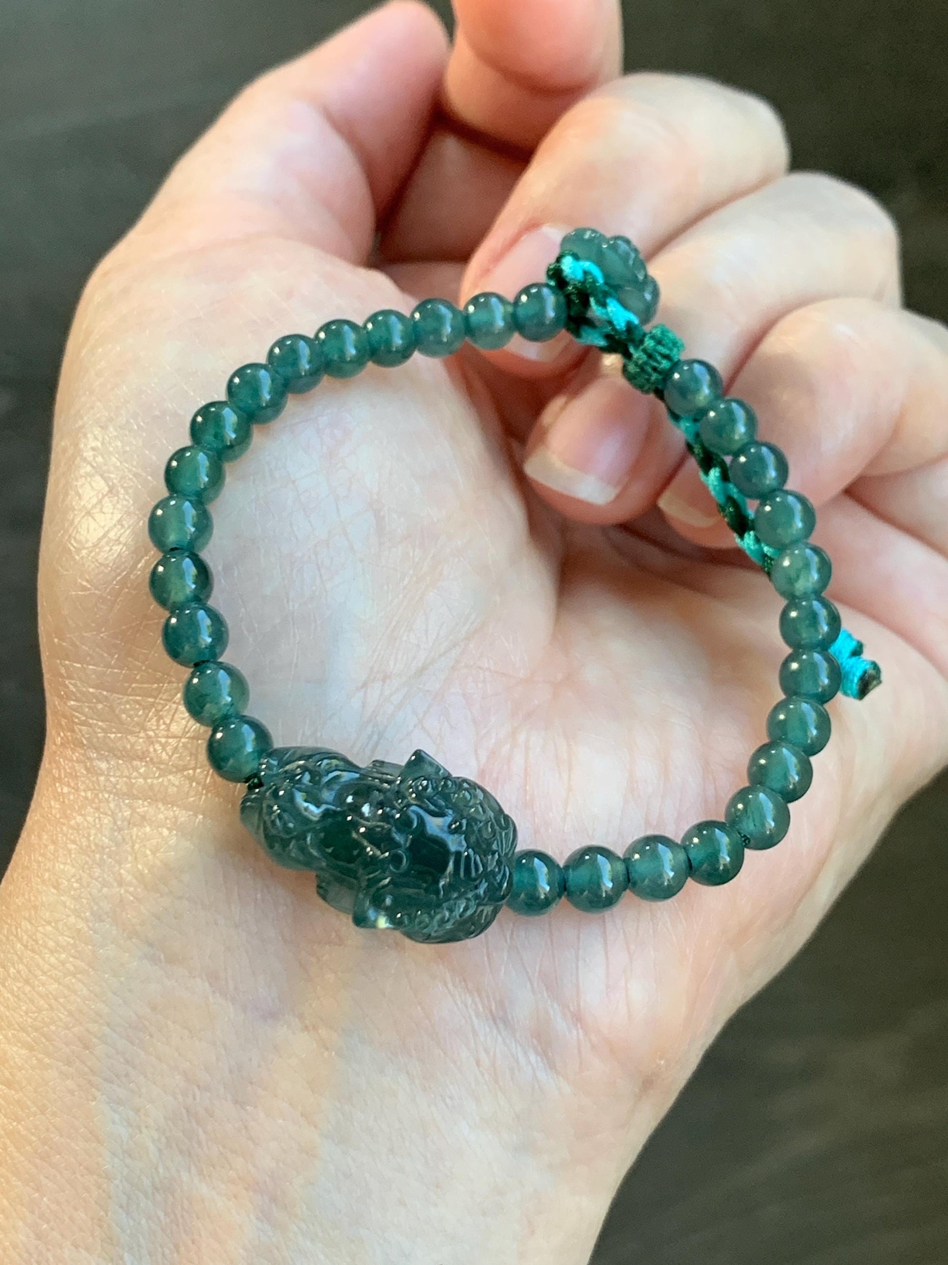 Natural Grade A Guatemalan Icy Translucent Dark Teal Green Jadeite Dancing Lion Beaded Bracelet Adjustable 6.25”-7.5” 天然冰危蓝绿翡翠摆烂小醒狮手串 BLS