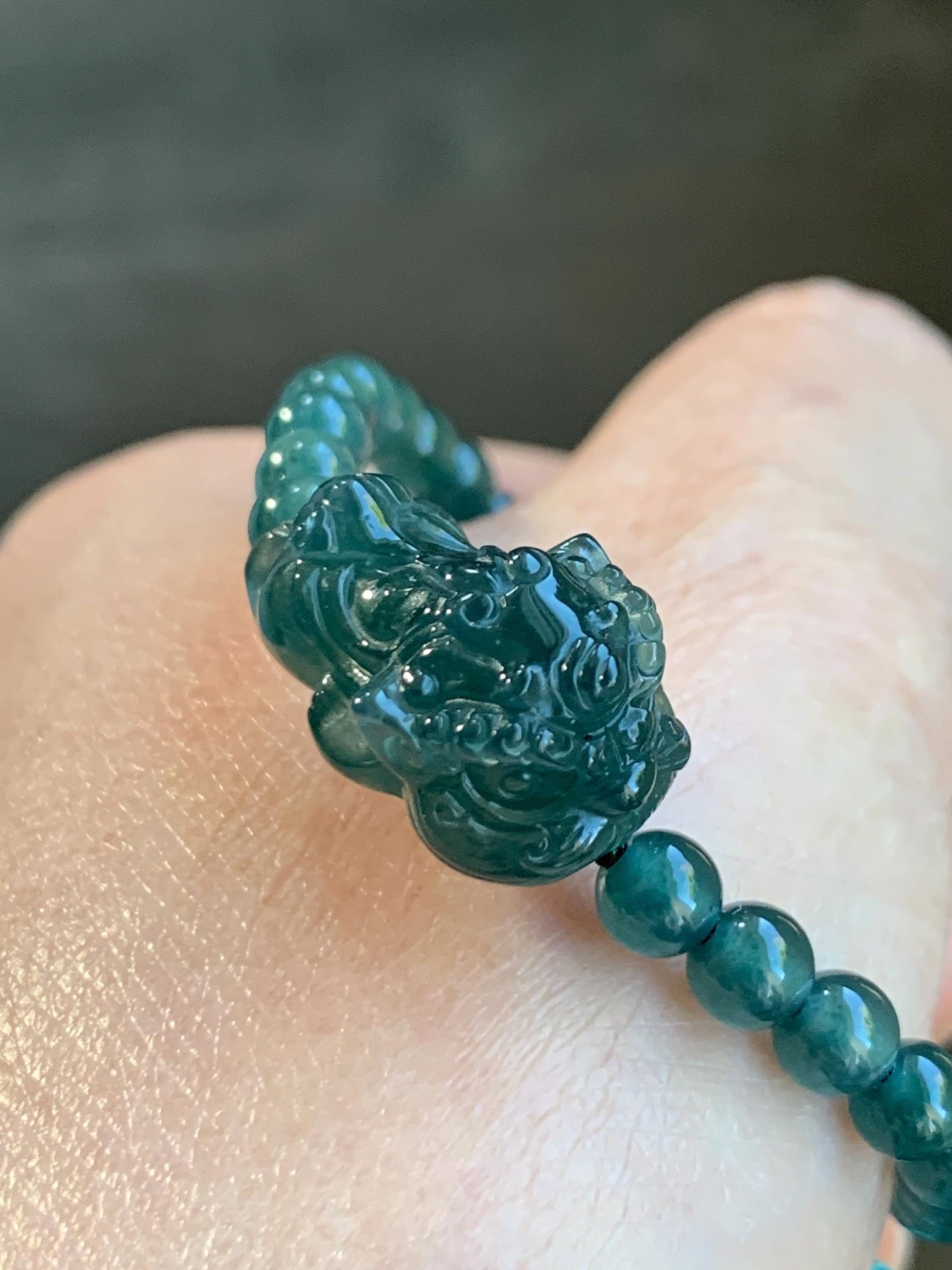 Natural Grade A Guatemalan Icy Translucent Dark Teal Green Jadeite Dancing Lion Beaded Bracelet Adjustable 6.25”-7.5” 天然冰危蓝绿翡翠摆烂小醒狮手串 BLS