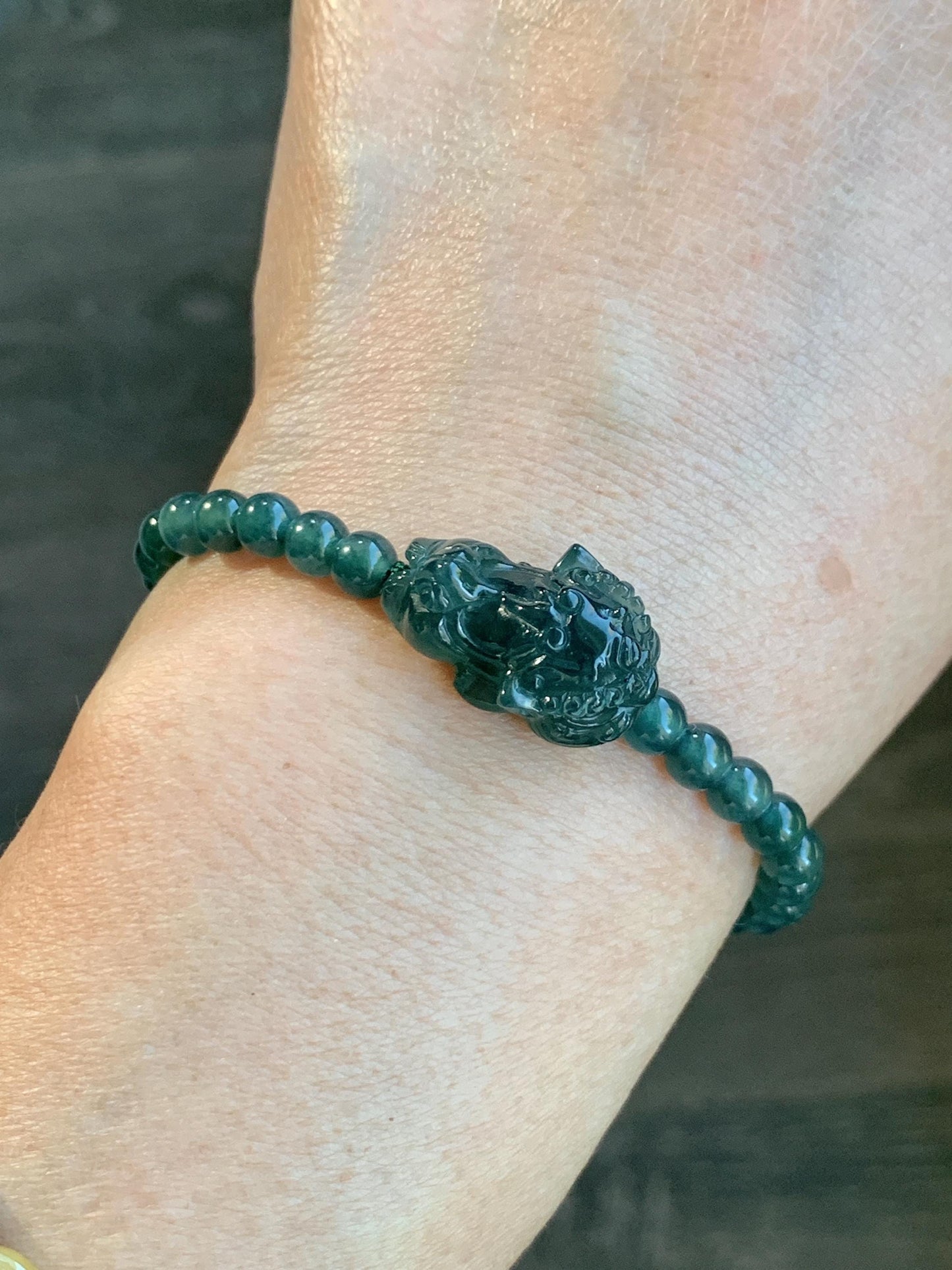 Natural Grade A Guatemalan Icy Translucent Dark Teal Green Jadeite Dancing Lion Beaded Bracelet Adjustable 6.25”-7.5” 天然冰危蓝绿翡翠摆烂小醒狮手串 BLS