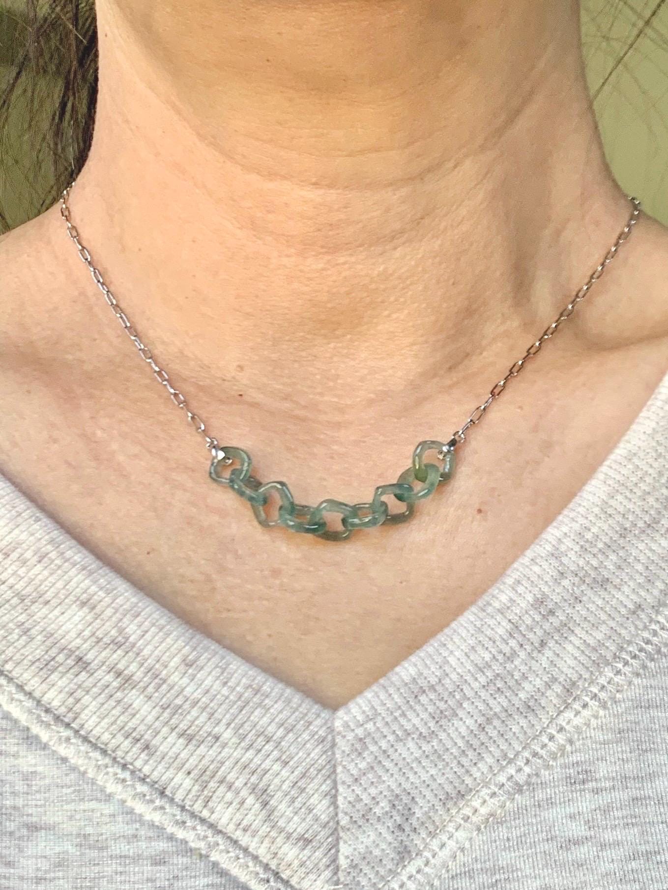 Natural Grade A Guatemalan Icy Highly Translucent Teal Blue Jade Jadeite Interlocking Links Necklace Sterling Silver 天然冰胶危蓝翡翠环环相扣项链 WHH165