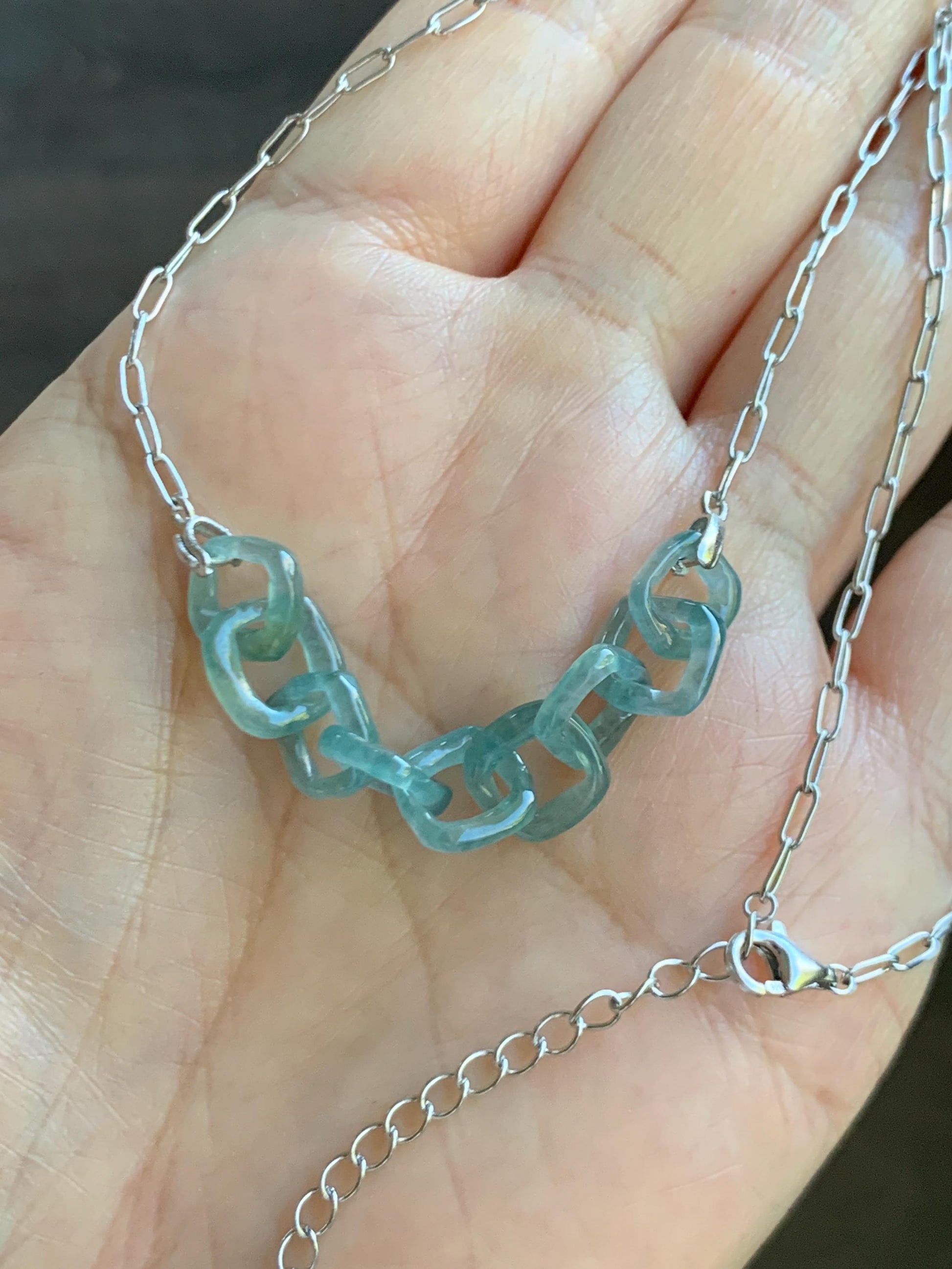 Natural Grade A Guatemalan Icy Highly Translucent Teal Blue Jade Jadeite Interlocking Links Necklace Sterling Silver 天然冰胶危蓝翡翠环环相扣项链 WHH165