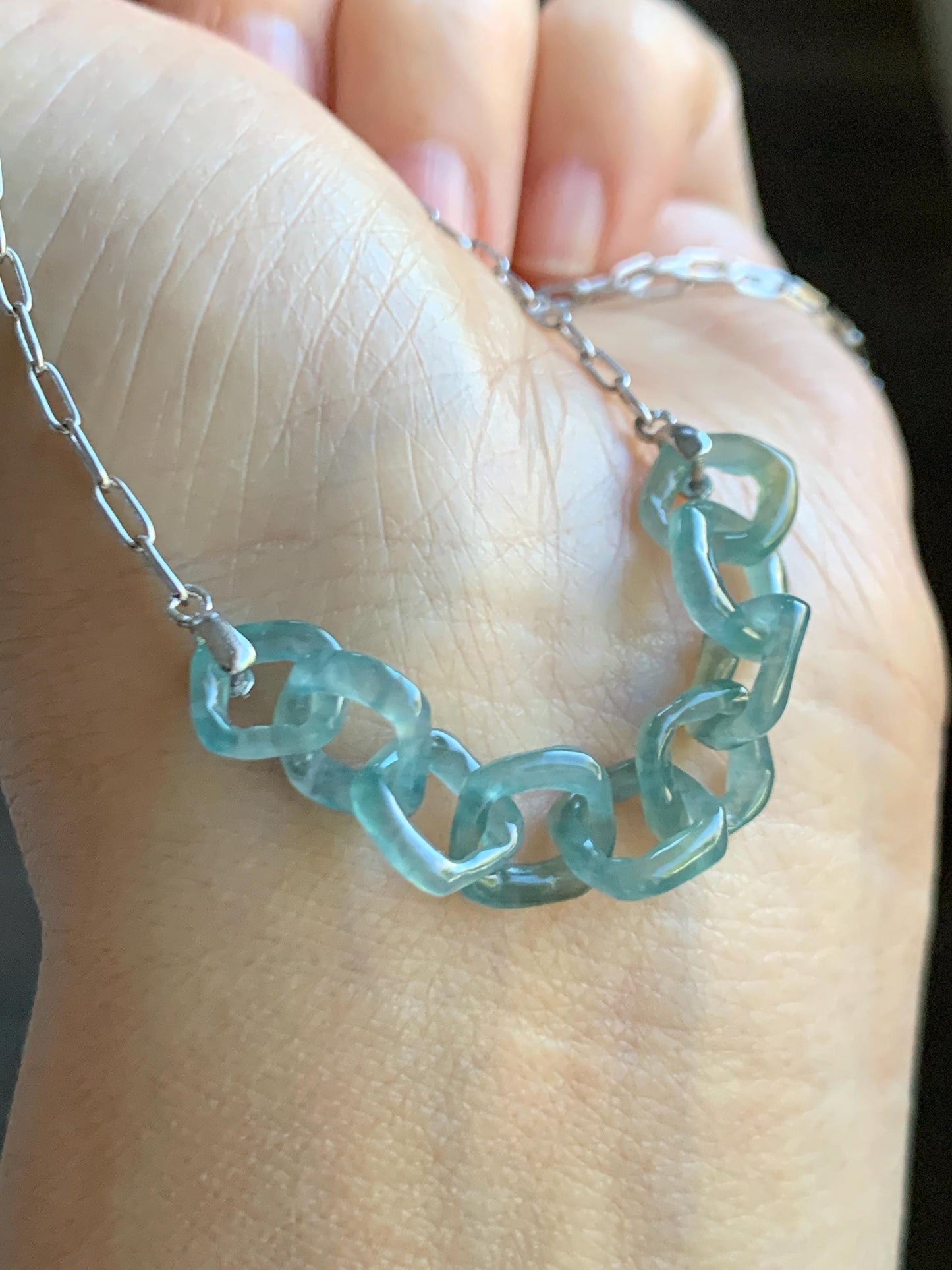 Natural Grade A Guatemalan Icy Highly Translucent Teal Blue Jade Jadeite Interlocking Links Necklace Sterling Silver 天然冰胶危蓝翡翠环环相扣项链 WHH165