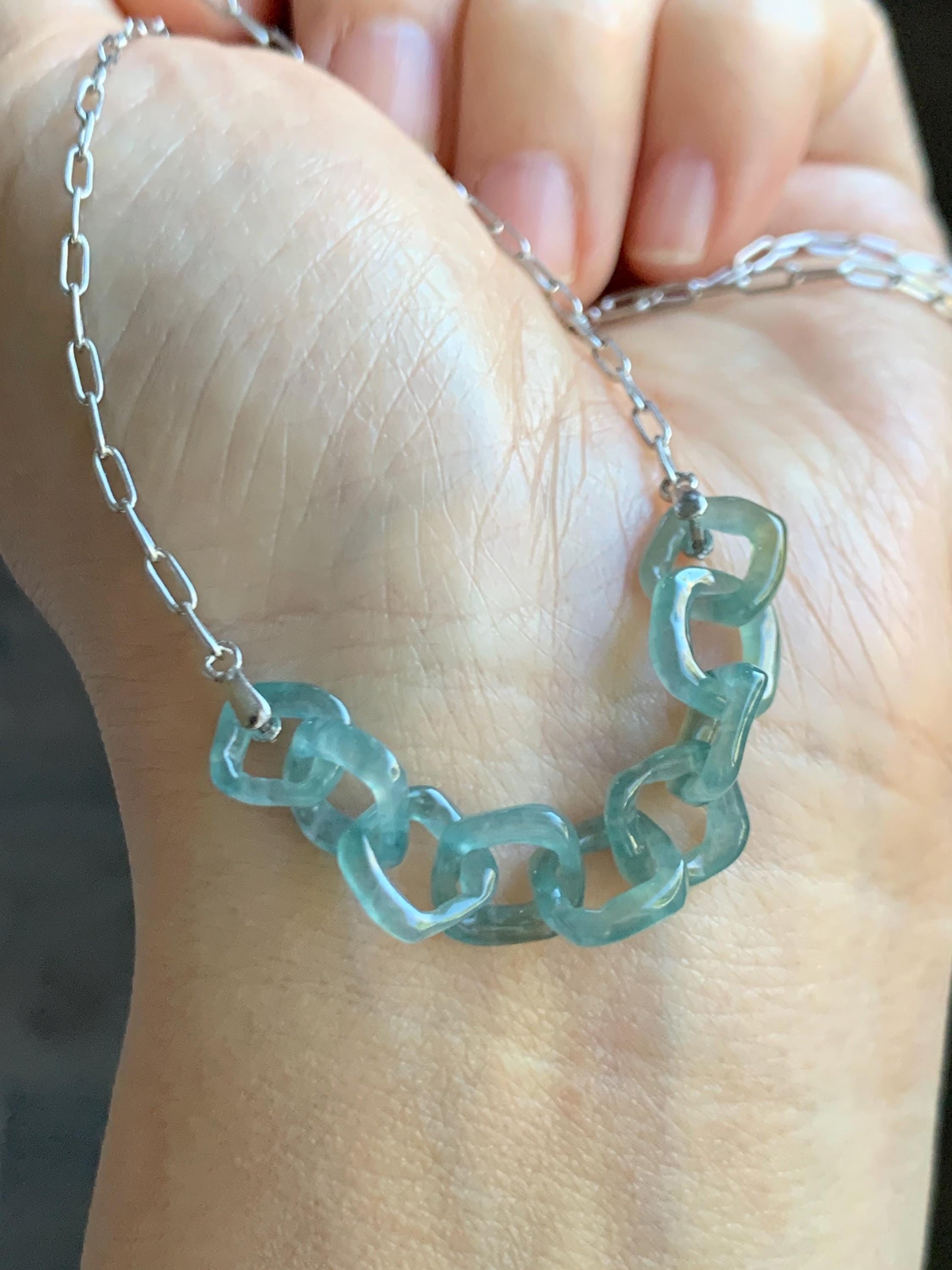Natural Grade A Guatemalan Icy Highly Translucent Teal Blue Jade Jadeite Interlocking Links Necklace Sterling Silver 天然冰胶危蓝翡翠环环相扣项链 WHH165