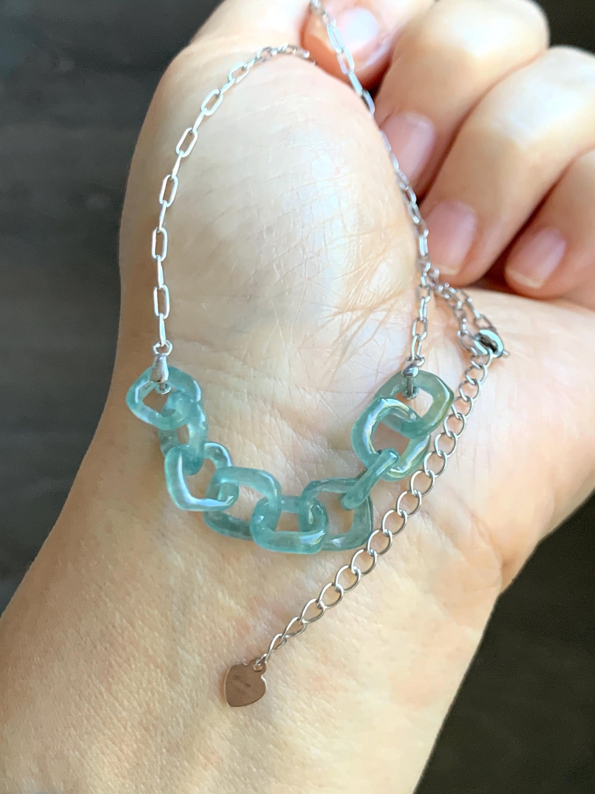Natural Grade A Guatemalan Icy Highly Translucent Teal Blue Jade Jadeite Interlocking Links Necklace Sterling Silver 天然冰胶危蓝翡翠环环相扣项链 WHH165