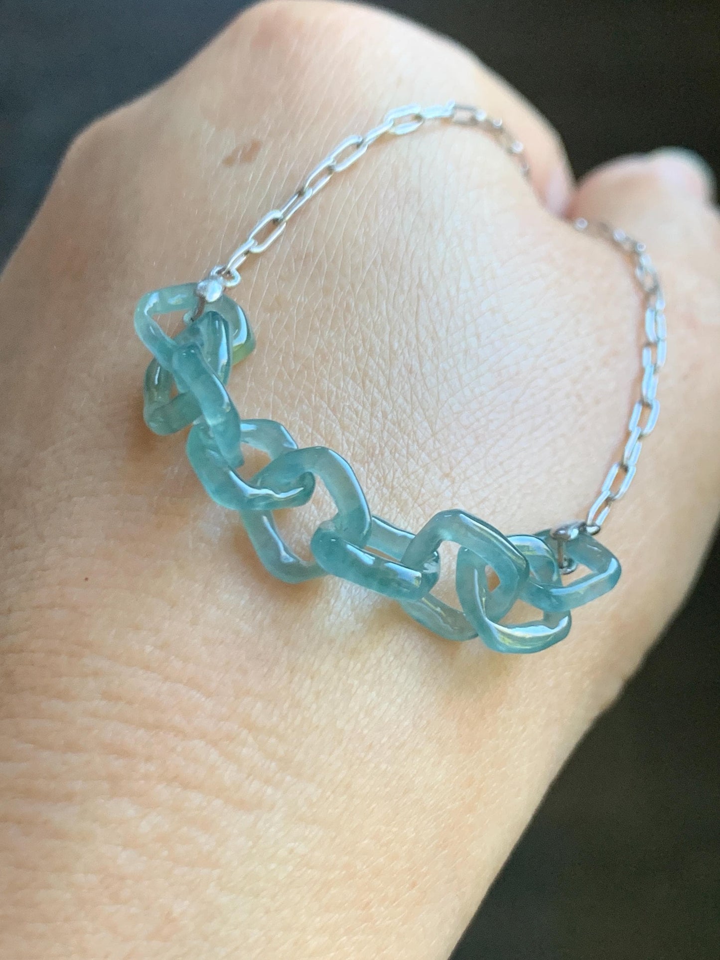 Natural Grade A Guatemalan Icy Highly Translucent Teal Blue Jade Jadeite Interlocking Links Necklace Sterling Silver 天然冰胶危蓝翡翠环环相扣项链 WHH165