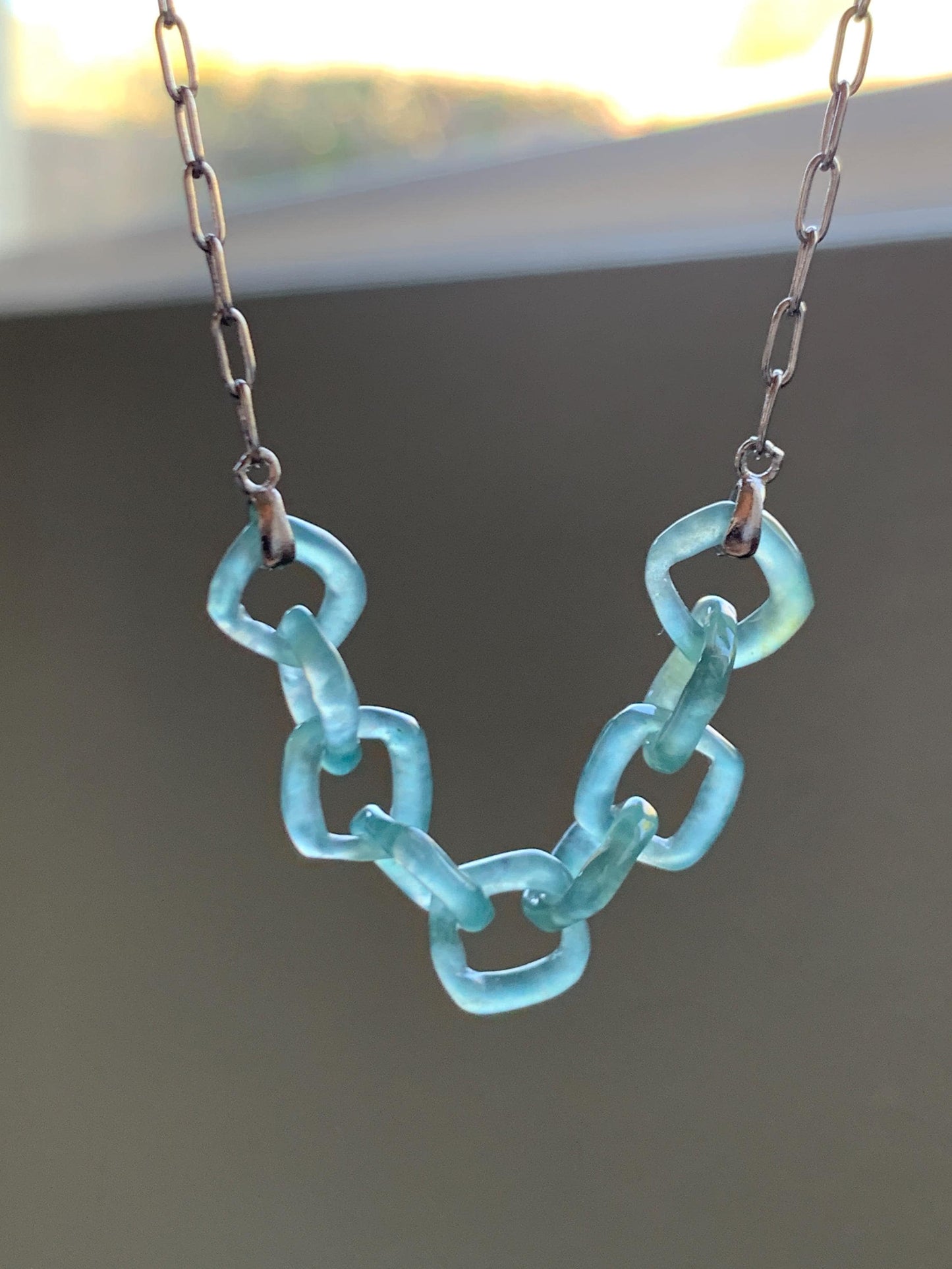 Natural Grade A Guatemalan Icy Highly Translucent Teal Blue Jade Jadeite Interlocking Links Necklace Sterling Silver 天然冰胶危蓝翡翠环环相扣项链 WHH165