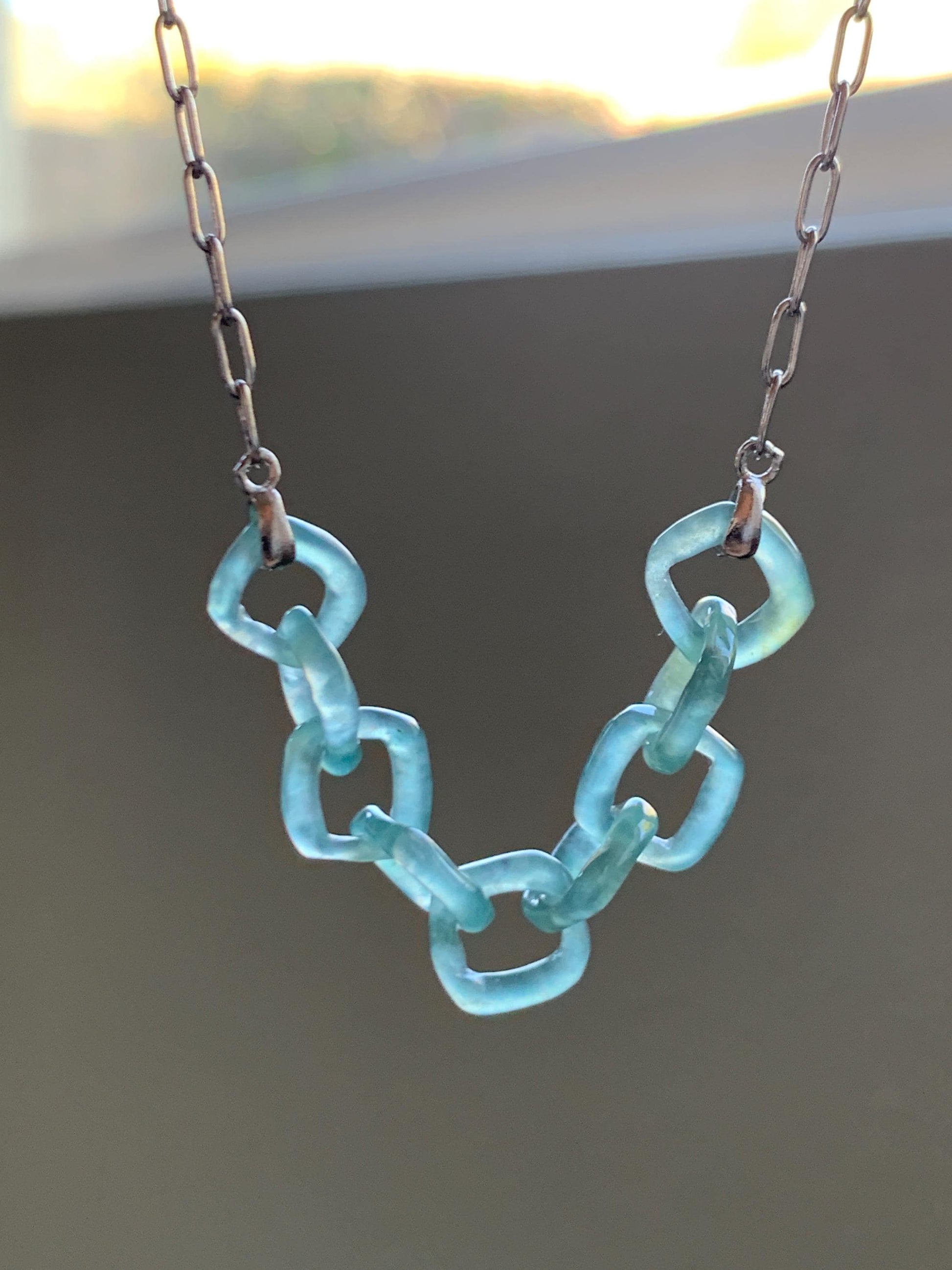 Natural Grade A Guatemalan Icy Highly Translucent Teal Blue Jade Jadeite Interlocking Links Necklace Sterling Silver 天然冰胶危蓝翡翠环环相扣项链 WHH165