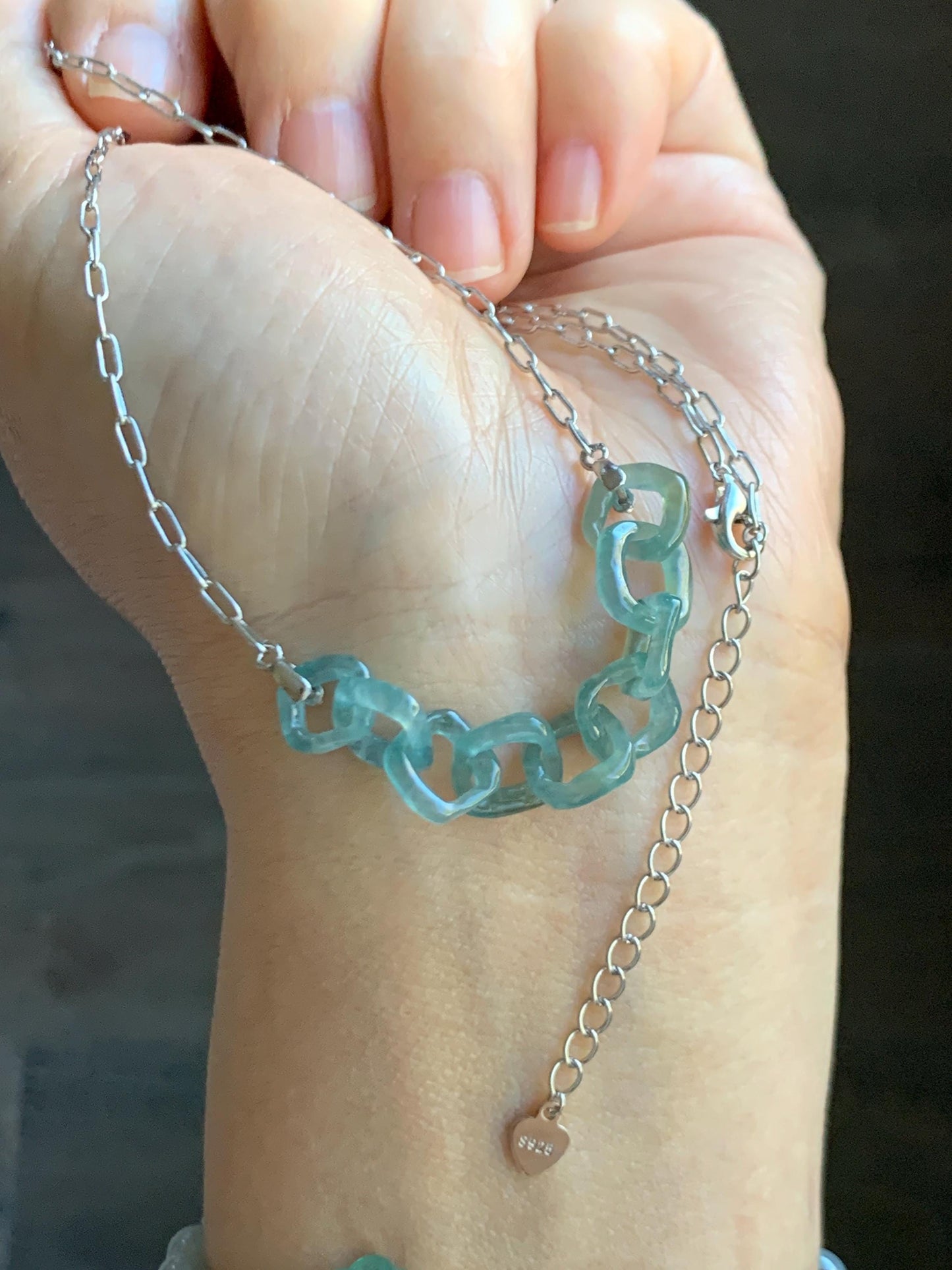 Natural Grade A Guatemalan Icy Highly Translucent Teal Blue Jade Jadeite Interlocking Links Necklace Sterling Silver 天然冰胶危蓝翡翠环环相扣项链 WHH165