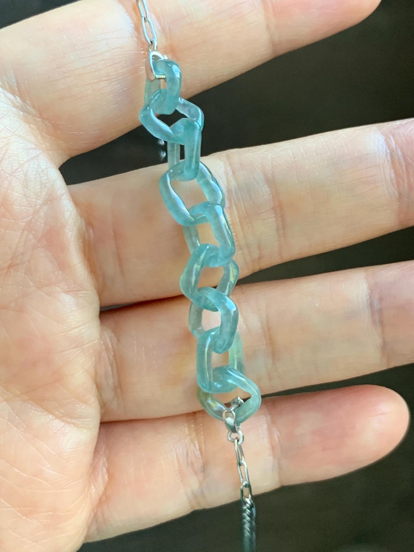 Natural Grade A Guatemalan Icy Highly Translucent Teal Blue Jade Jadeite Interlocking Links Necklace Sterling Silver 天然冰胶危蓝翡翠环环相扣项链 WHH165