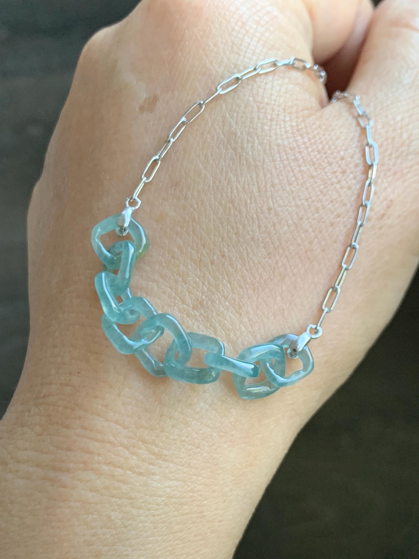 Natural Grade A Guatemalan Icy Highly Translucent Teal Blue Jade Jadeite Interlocking Links Necklace Sterling Silver 天然冰胶危蓝翡翠环环相扣项链 WHH165