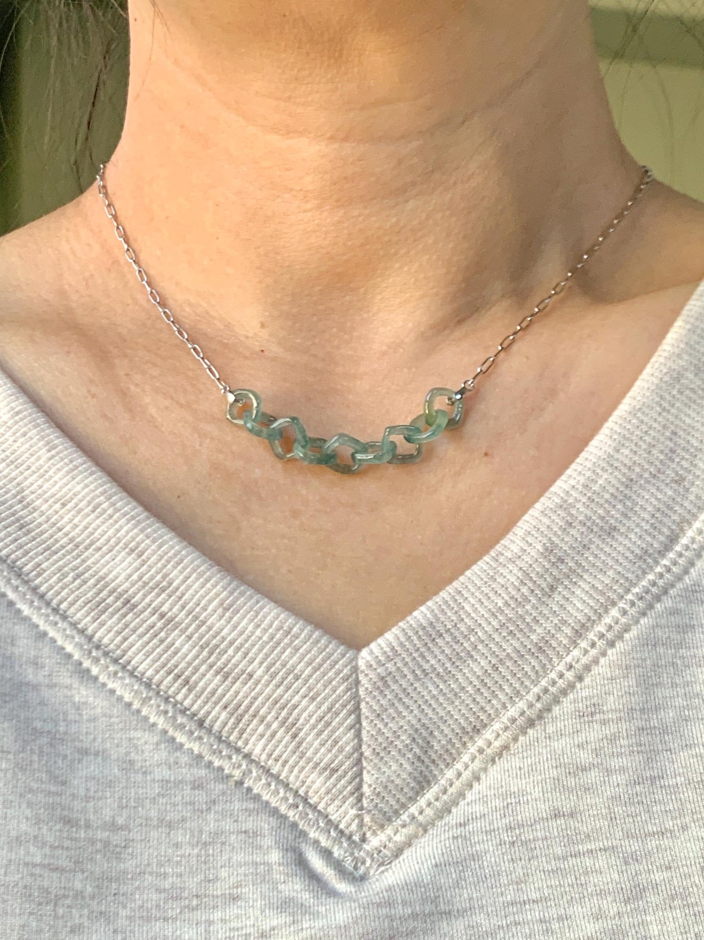 Natural Grade A Guatemalan Icy Highly Translucent Teal Blue Jade Jadeite Interlocking Links Necklace Sterling Silver 天然冰胶危蓝翡翠环环相扣项链 WHH165
