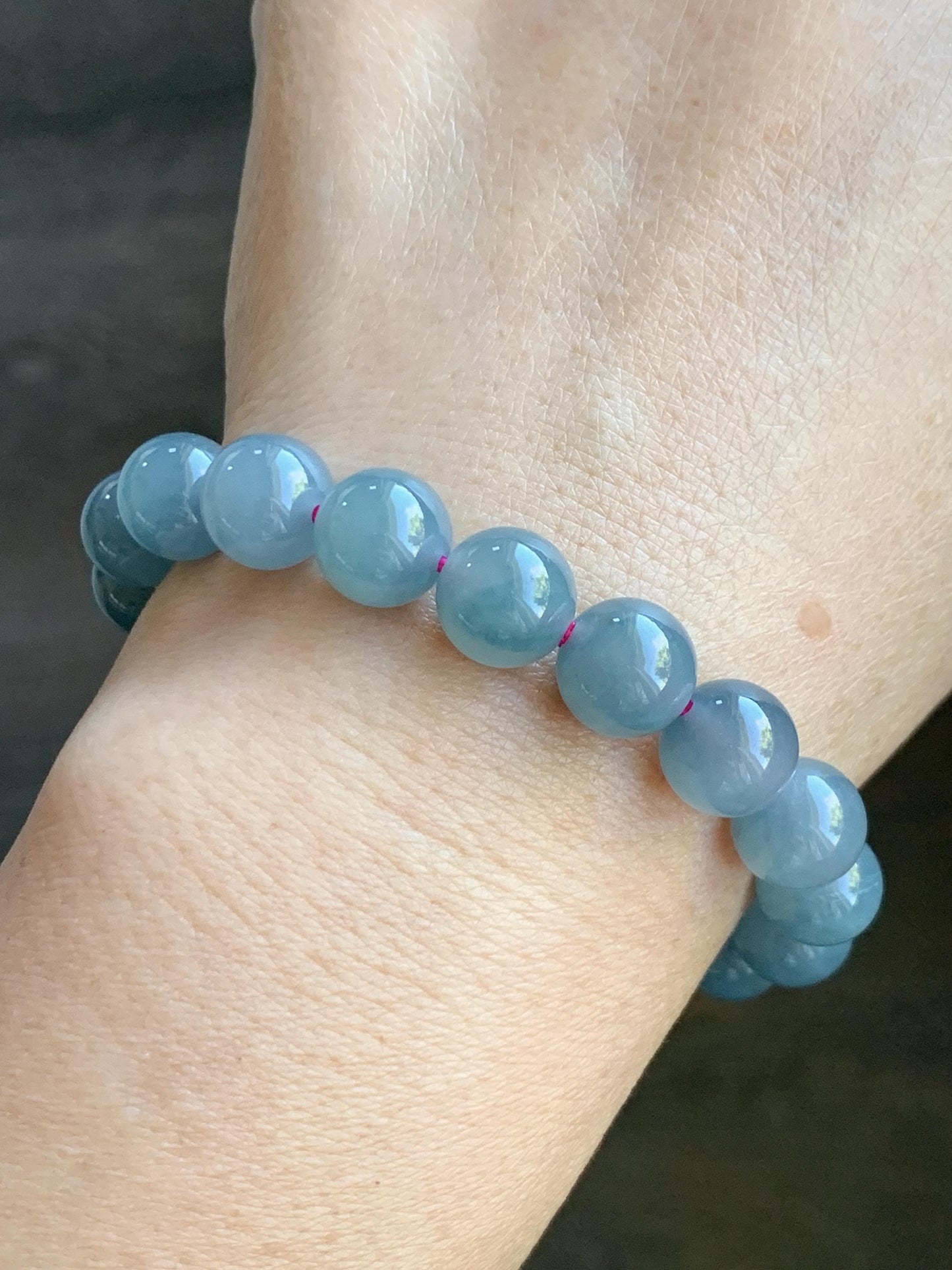 Natural Grade A Guatemalan Icy Translucent Gelatinous Gray Teal Blue Jade Jadeite Beaded Bracelet Stretchy 9.6mm 6.75" 30g 天然冰危灰蓝紫翡翠手串WHZ400