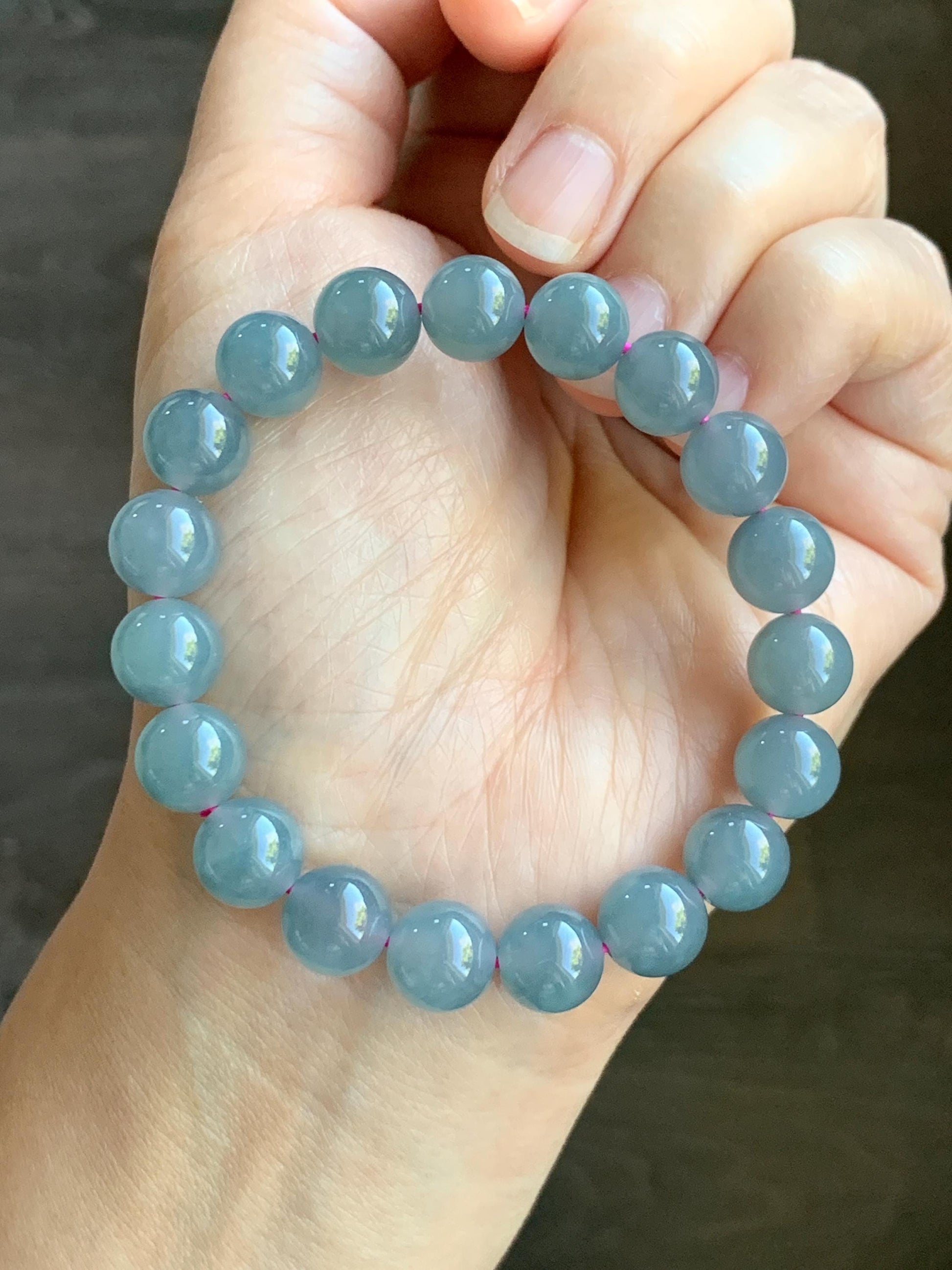 Natural Grade A Guatemalan Icy Translucent Gelatinous Gray Teal Blue Jade Jadeite Beaded Bracelet Stretchy 9.6mm 6.75" 30g 天然冰危灰蓝紫翡翠手串WHZ400